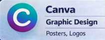 Canva logo with the text 'Canva Graphic Design Posters, Logos' on a blue gradient background.