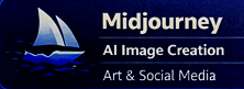 Logo with the text 'Midjourney' and a stylized sailboat in a dark, blue-toned color scheme.