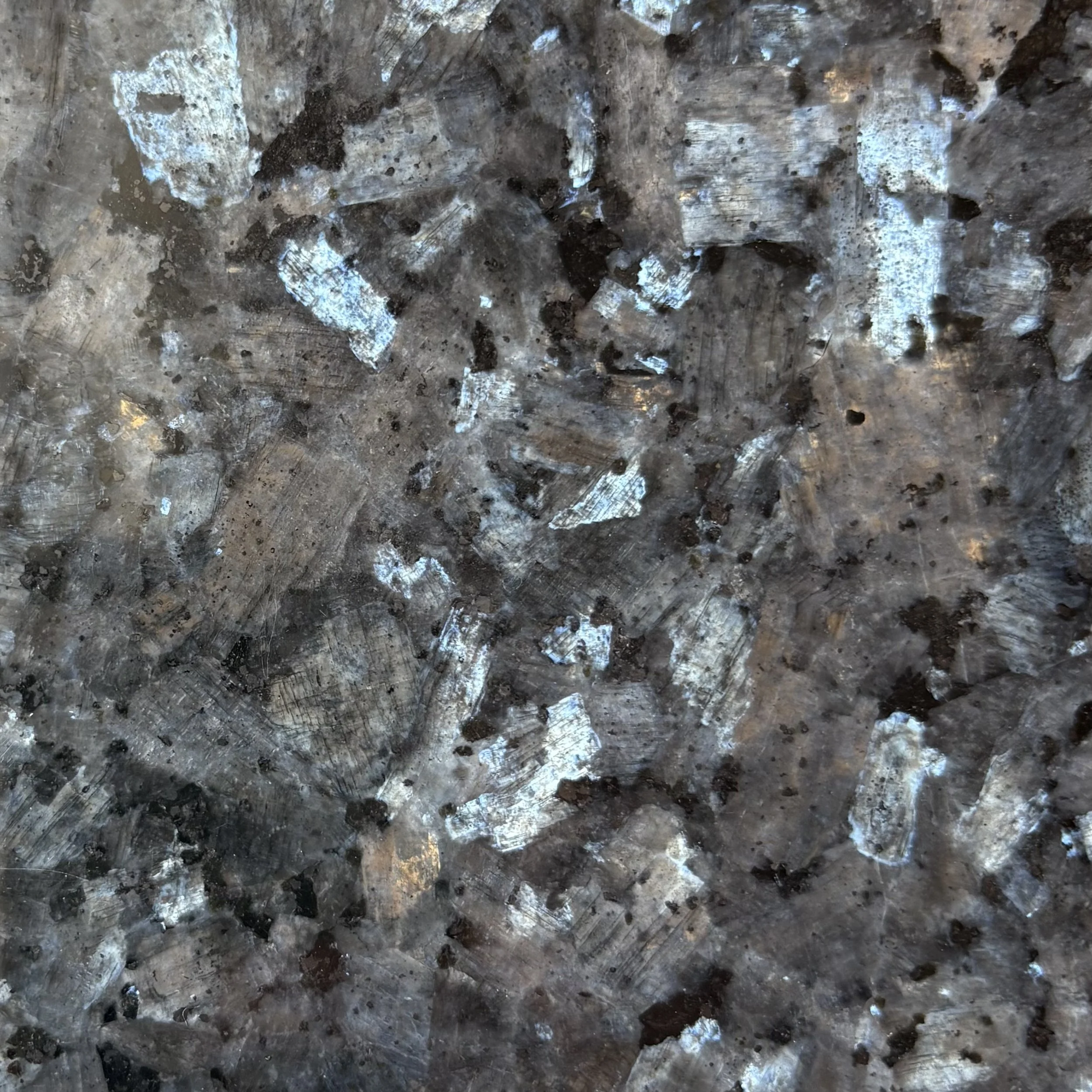 Close-up photo of Blue Pearl, a textured granite with a metallic and rocky surface with gray, black, and white patches, some reflecting light.