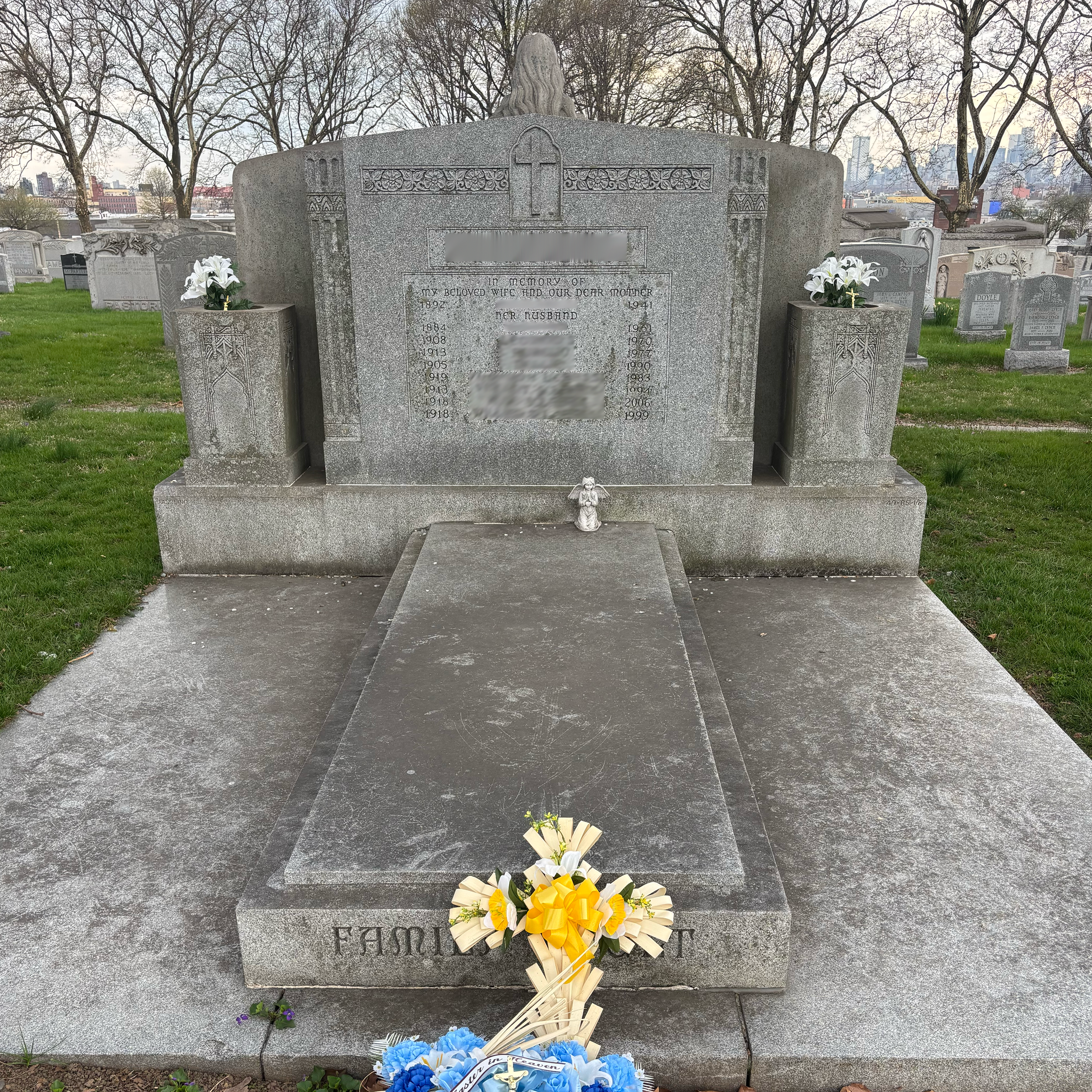 Cemetery monument restoration and cleaning service restoring a weathered memorial, before restoration and cleaning.