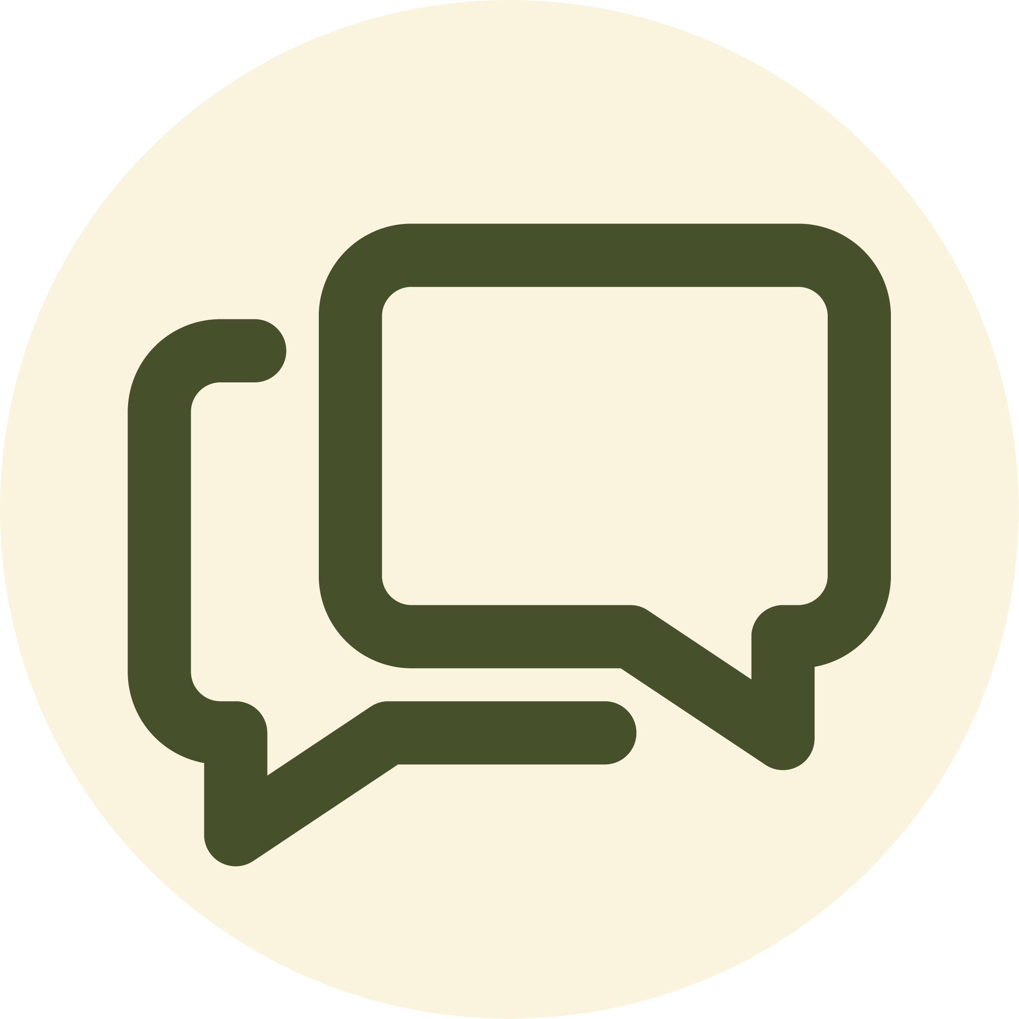 Icon of two overlapping speech bubbles, one inside the other, in dark green on a beige circular background.