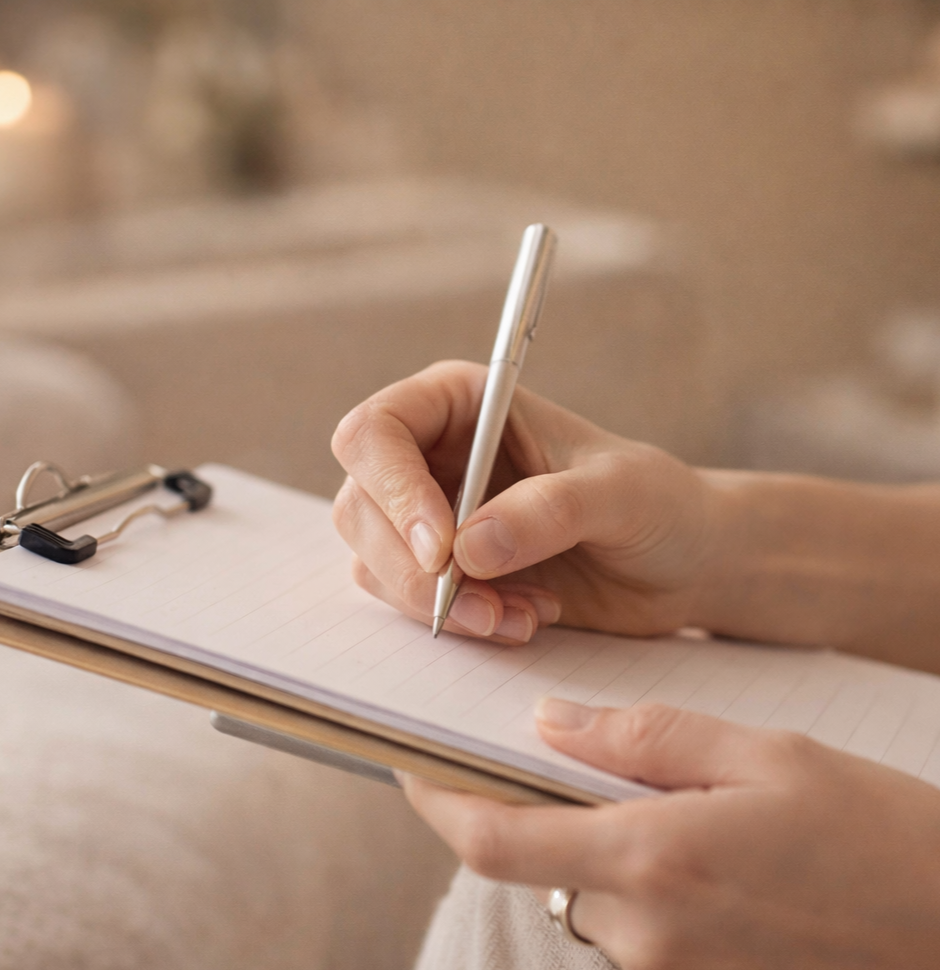 A person is holding a clipboard and writing on a lined notepad with a silver pen, in a cozy setting.