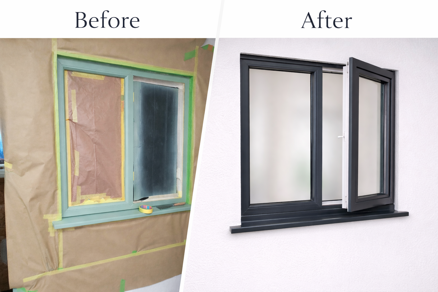 A before-and-after comparison of a window renovation. The left side shows an unfinished window frame with protective paper and tape, while the right side features the same window with a finished, black frame and frosted glass installed.