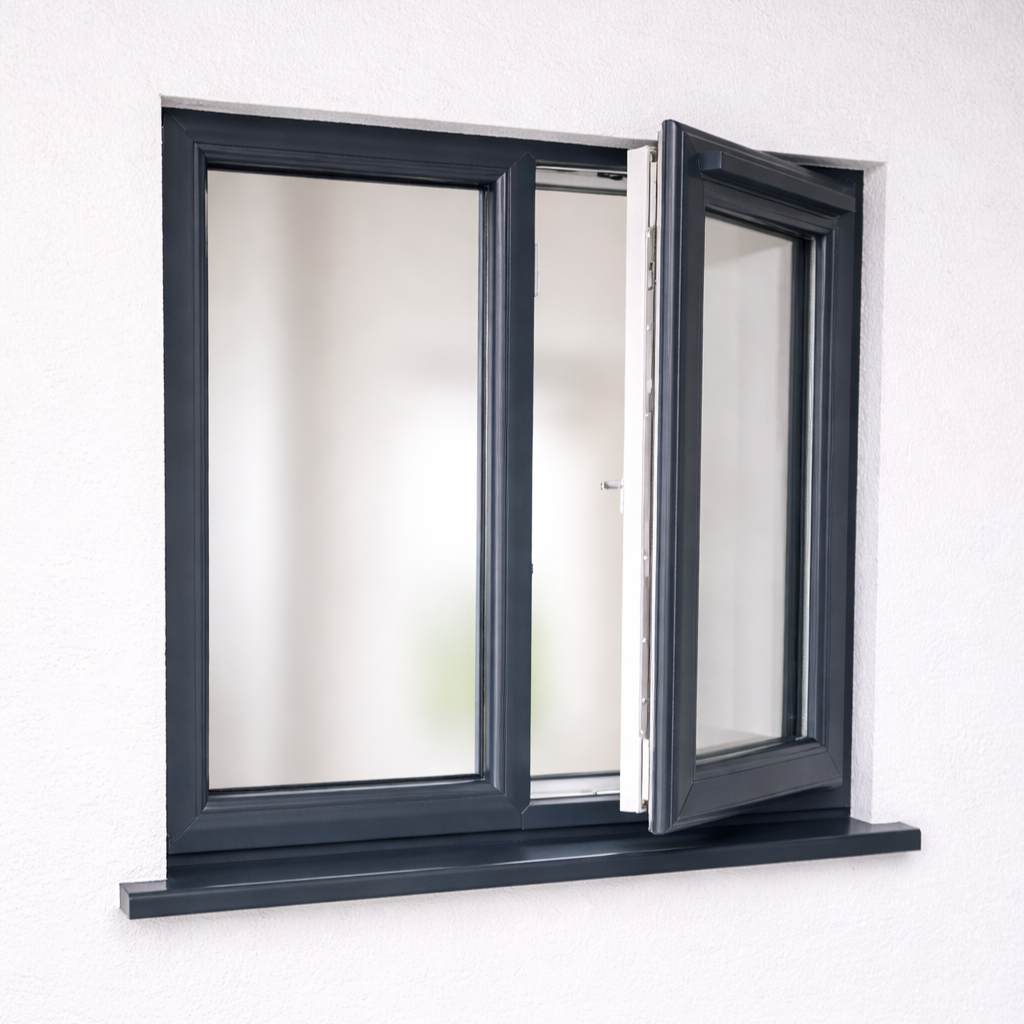 Black-framed, partially open window with frosted glass on a white wall