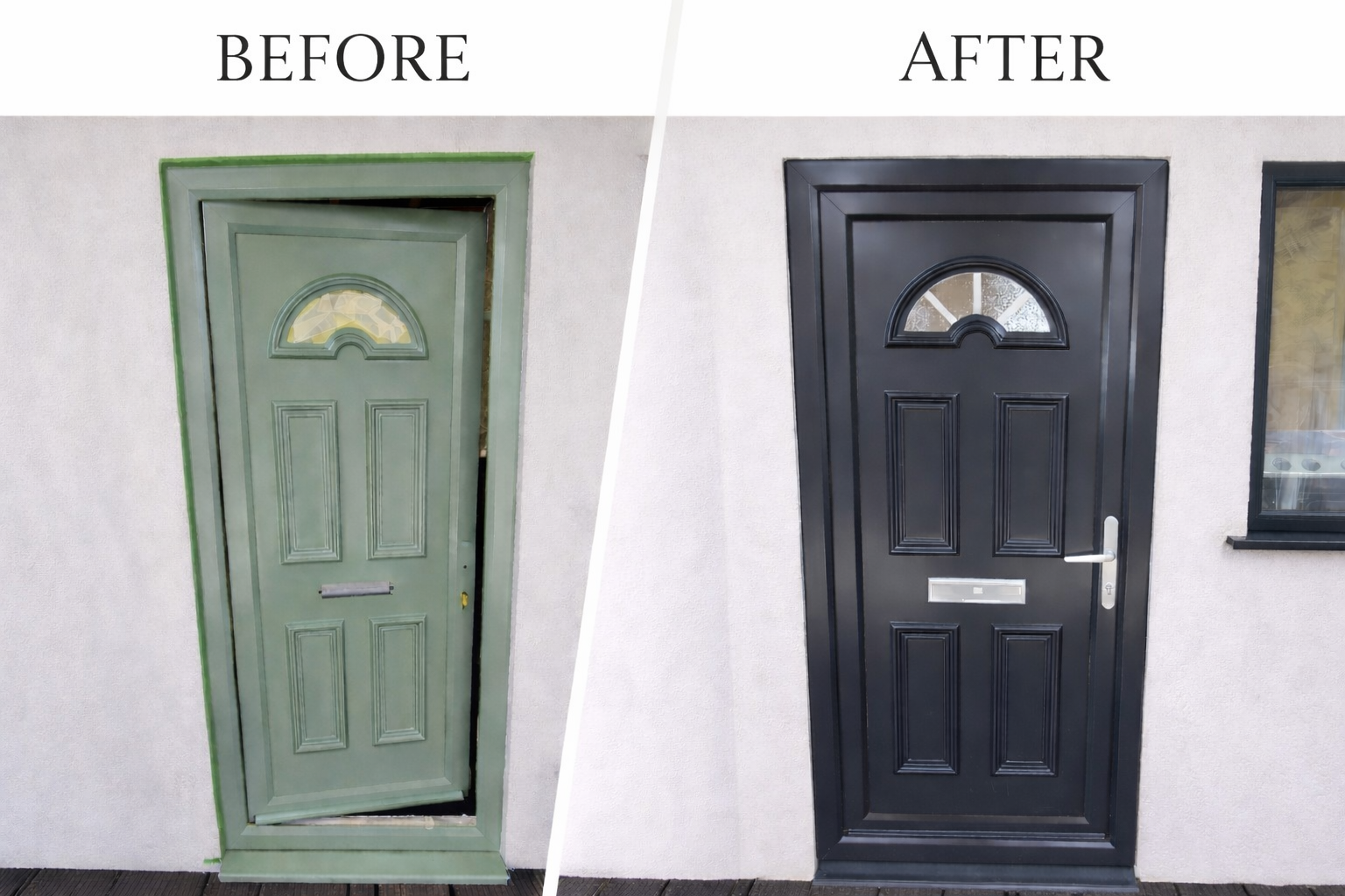 Comparison of two front doors, with one on the left labeled 'Before' and in a weathered green color and one on the right labeled 'After' in a sleek black color.
