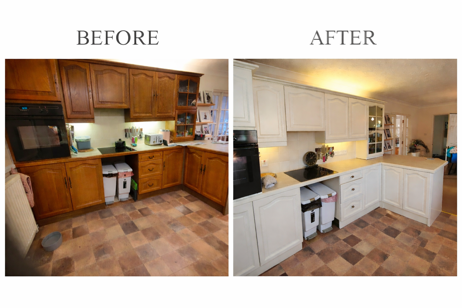 Kitchen before and after renovation, showing wooden cabinets in the before image and white cabinets in the after image, with different lighting and decor.