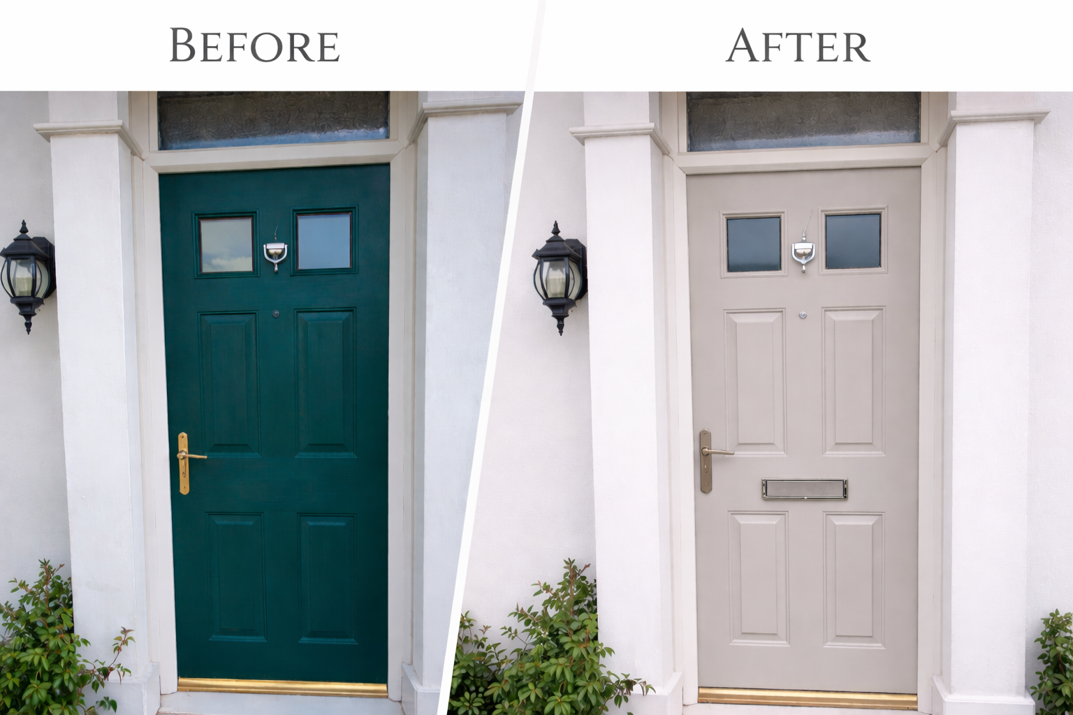 Side-by-side comparison of a front door before and after renovation, showing a teal door with gold handle and a beige door with silver handle, both with small window panes at the top and mounted exterior lights on either side.