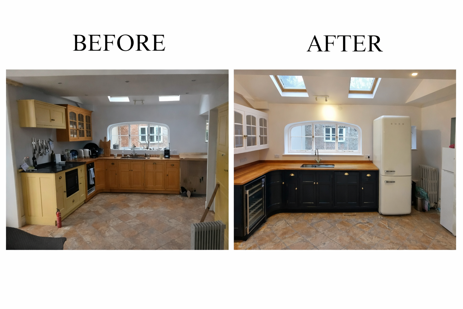 Side-by-side photos of a kitchen before and after renovation. The before image shows yellow cabinets and a cluttered countertop, while the after image features black cabinets, a cleaner countertop, a white refrigerator, and a brighter, more modern appearance.