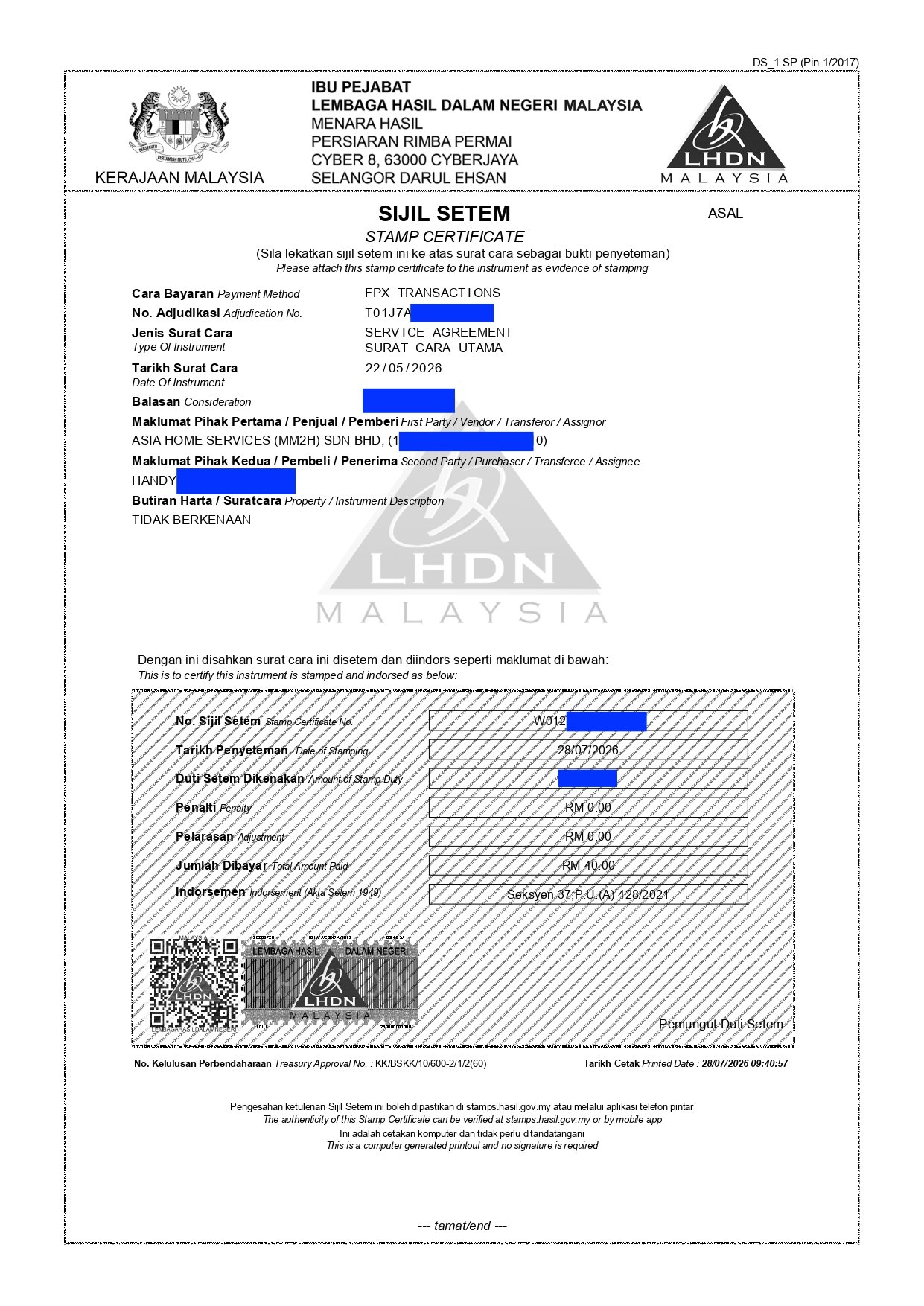 A Malaysian stamp certificate for a service agreement issued by the government of Malaysia, containing details about property and transaction information, with official logos and stamps.