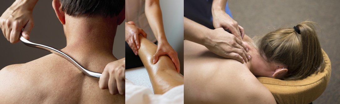 A collage of three images showing different massage and therapy treatments: a person receiving a back massage with a tool, a person getting their leg massaged, and a person receiving a neck massage while lying face down.