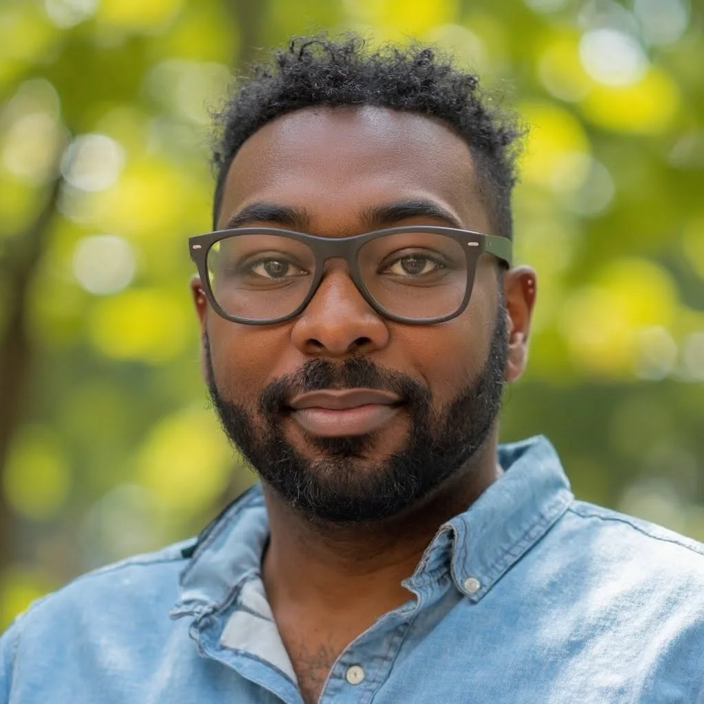 Close-up of a man with glasses and a beard, wearing a light blue collared shirt, outdoors with blurred green trees in the background.