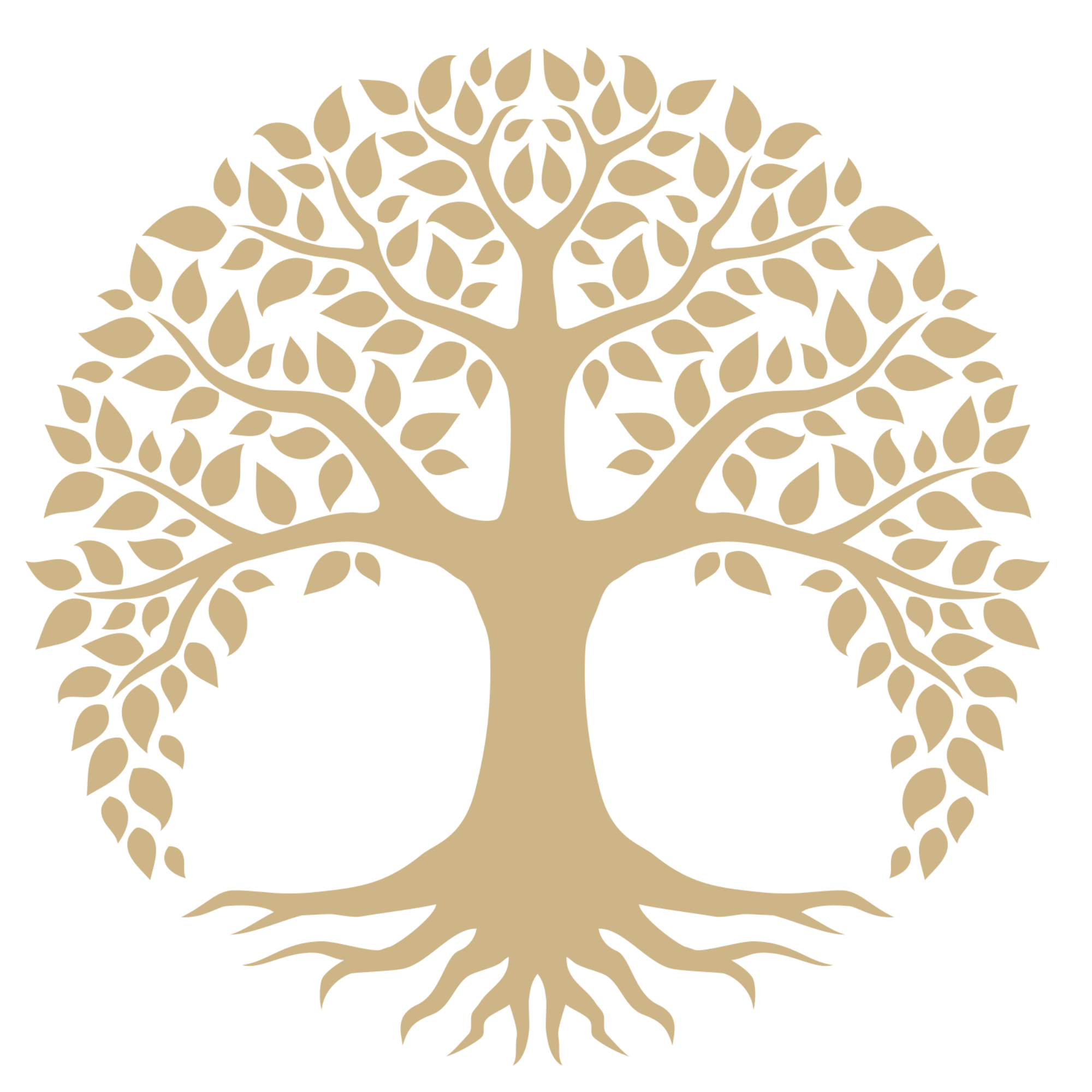 A beige tree with many branches and leaves, symmetrical, on a black background.