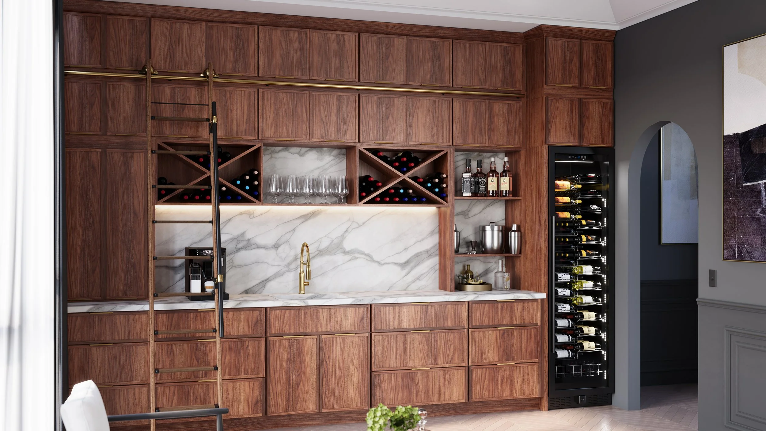 A modern home bar with wooden cabinetry, a marble countertop, wine storage, and a wine cooler.