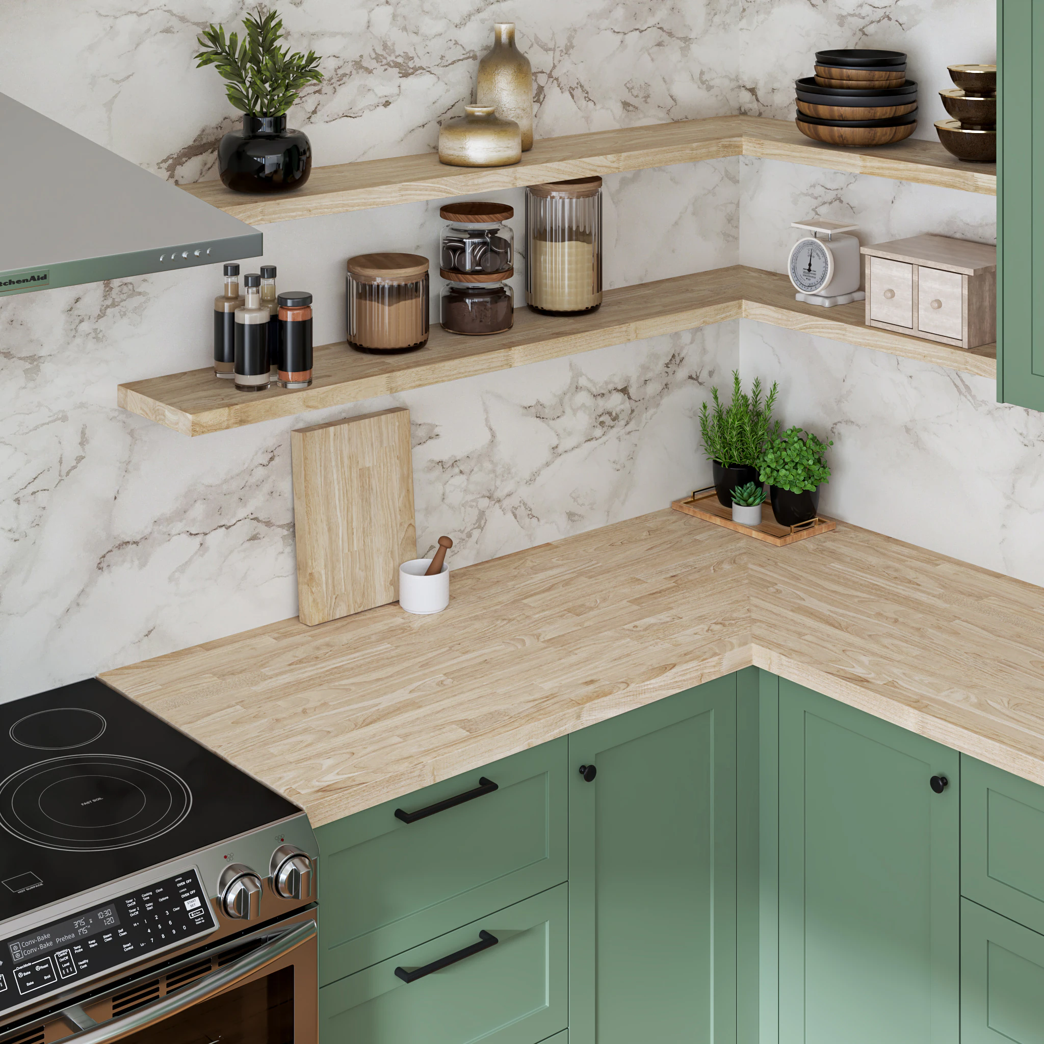 Modern kitchen corner featuring sage green cabinetry, Hevea light wood countertops, and a marble backsplash.