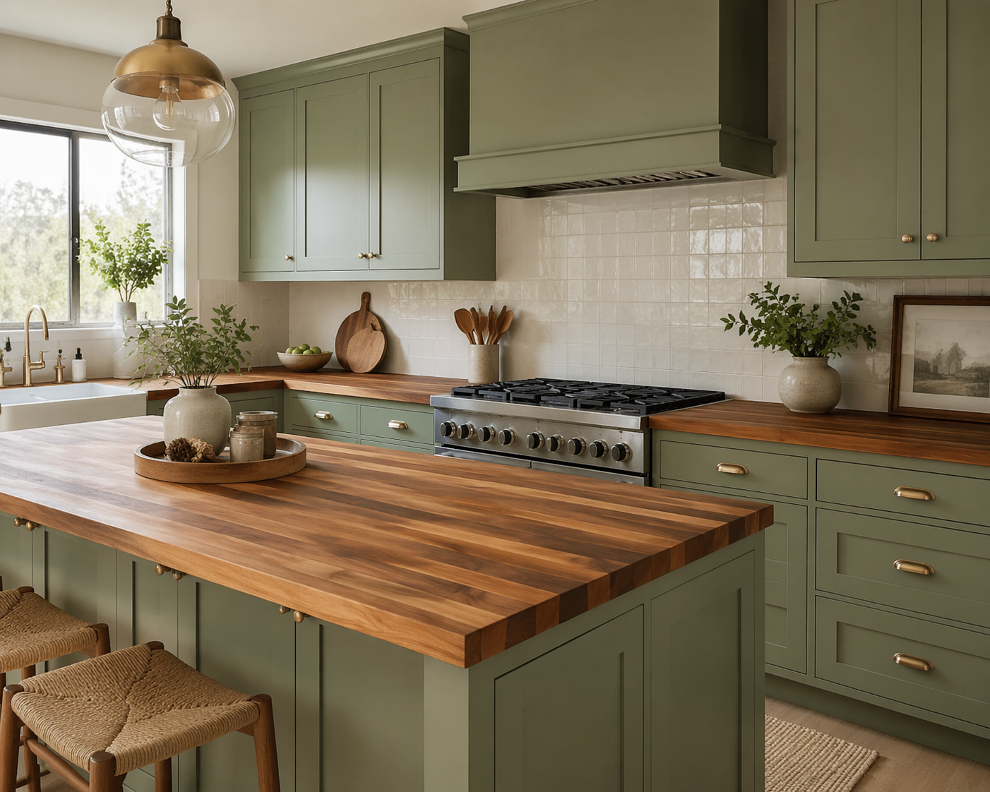 Kitchen with green cabinets, a large wooden island, potted plants, and a window.
