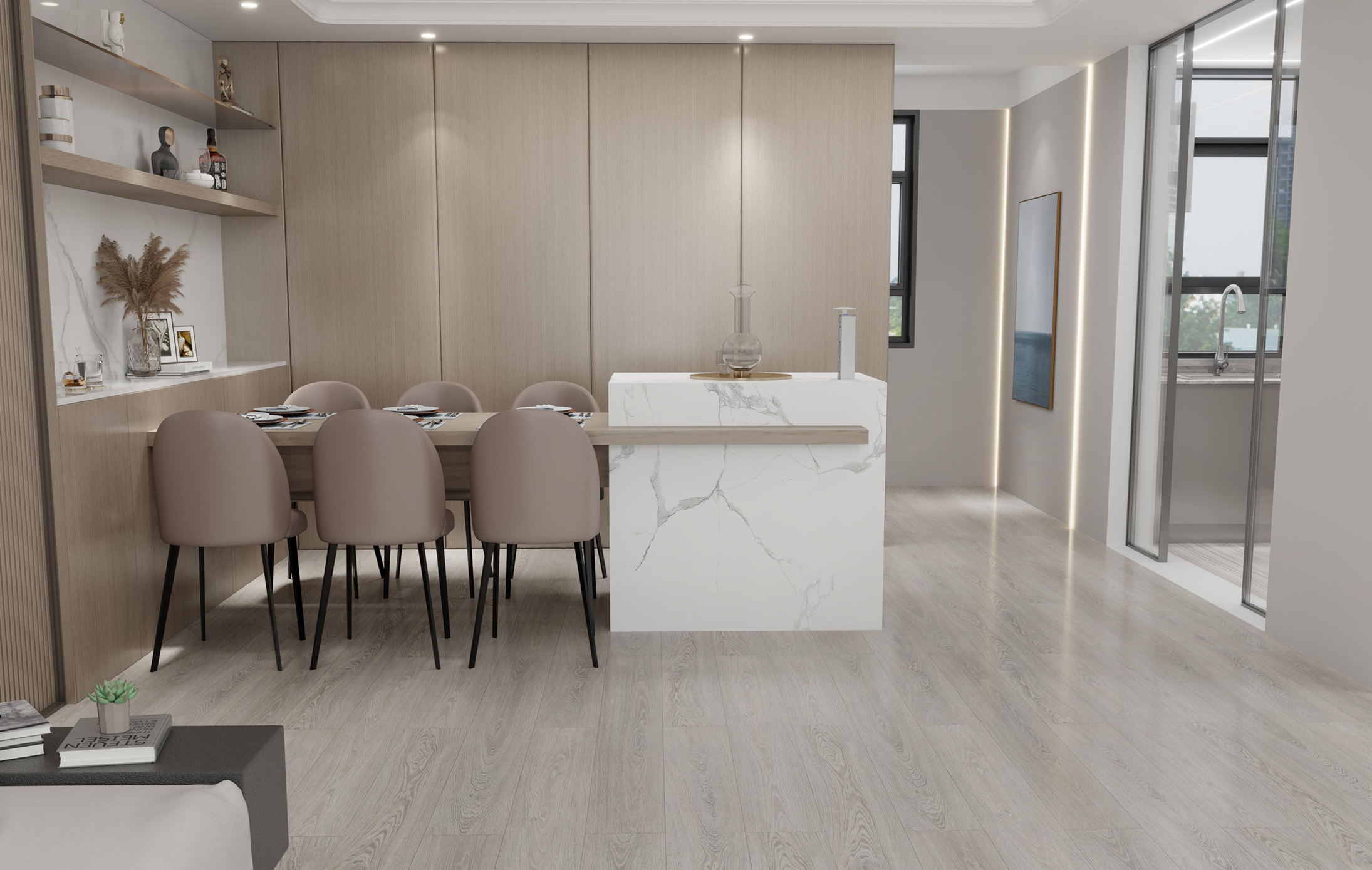 Modern dining area with a light wood table and beige chairs, a marble kitchen island, open shelves with decorative items, and large windows letting in natural light.