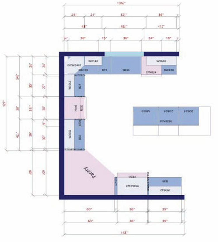 A detailed kitchen layout with measurements, displaying various cabinets, appliances, and countertop spaces marked with blue and pink shades.