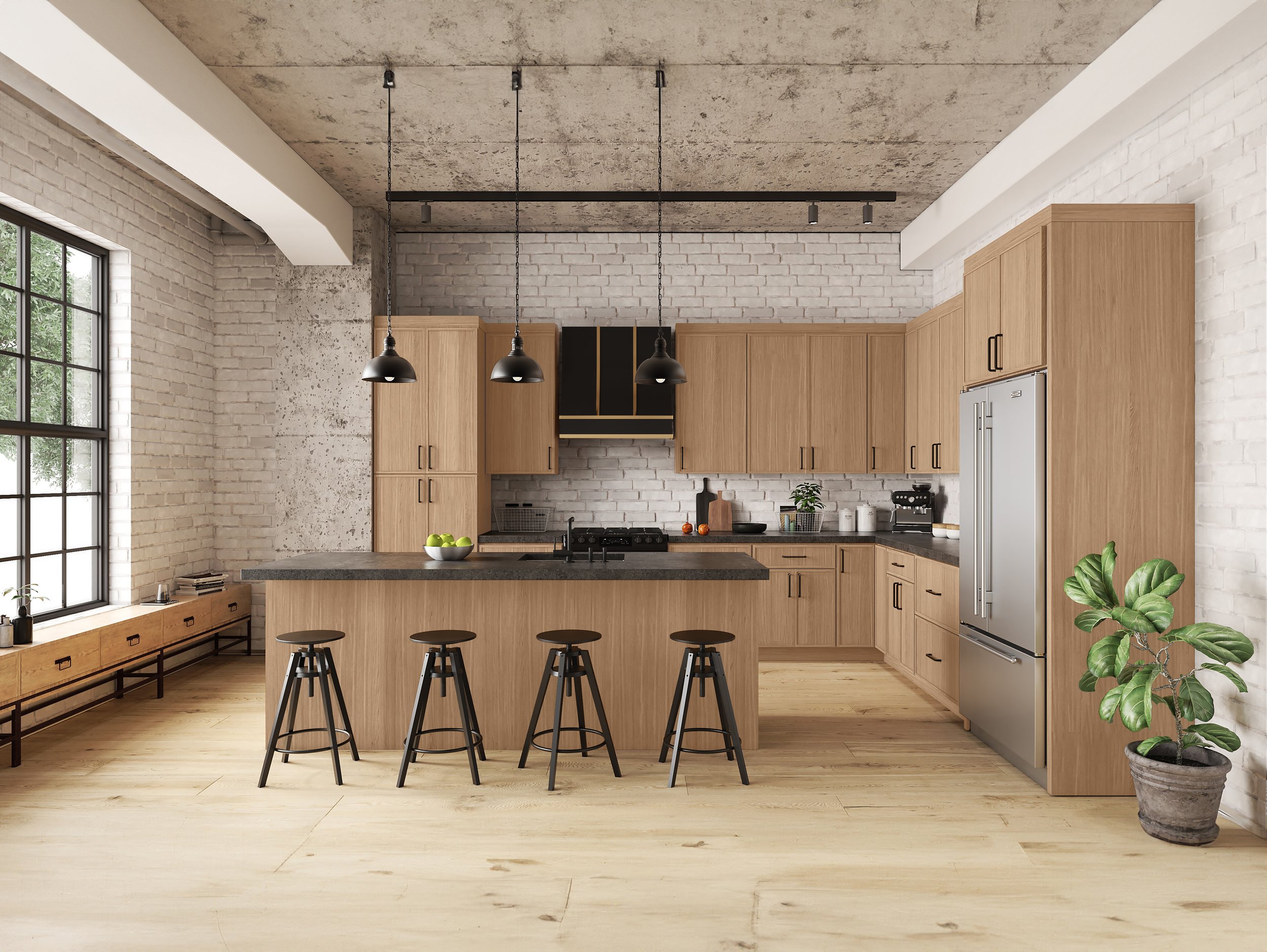 Modern kitchen with gray concrete ceiling, white brick walls, large window, wooden cabinets, black pendant lights, stainless steel refrigerator, plants, and a gray countertop with three bar stools.