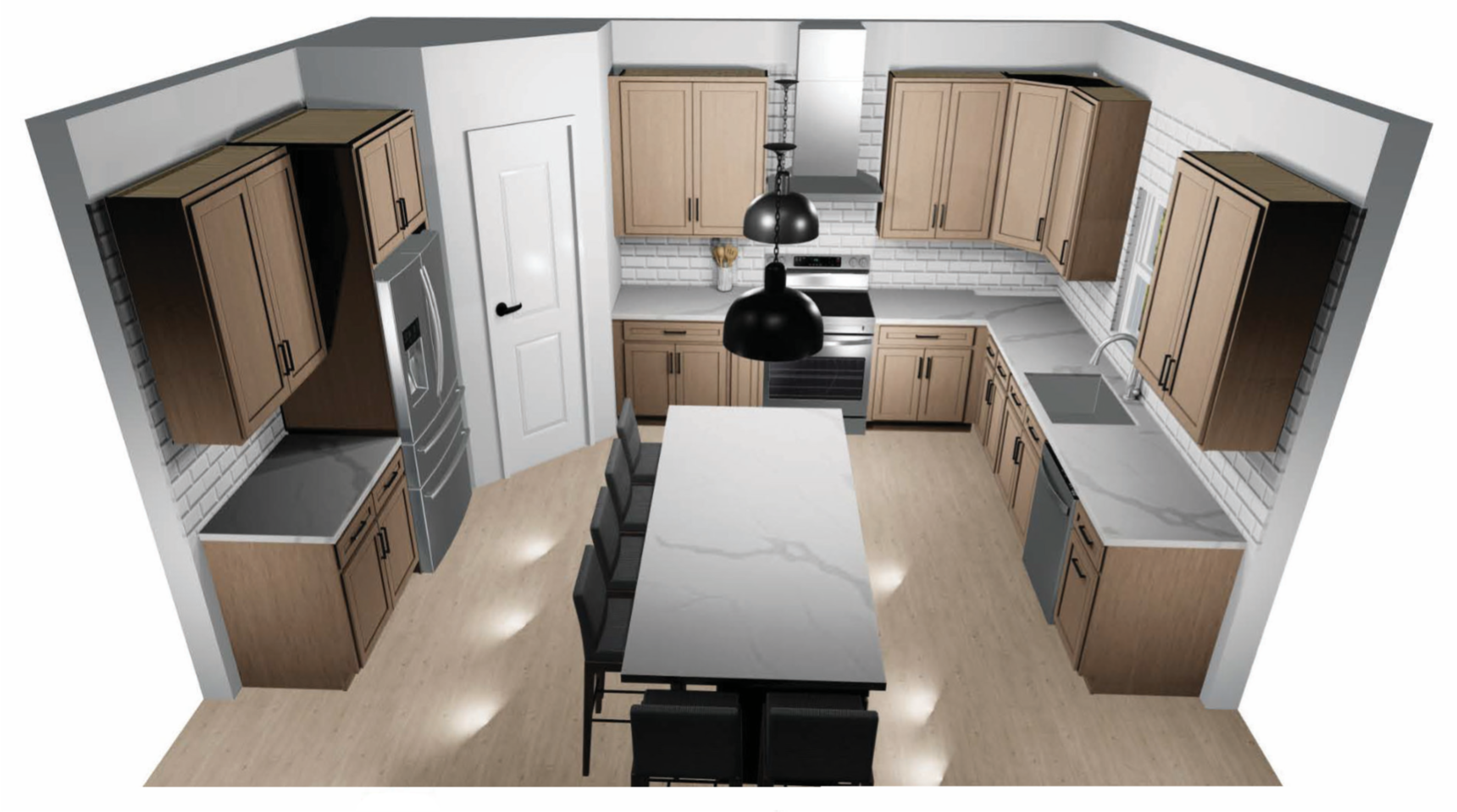 A modern kitchen 3D render with wooden cabinets, white countertops, stainless steel appliances, a white door, and a kitchen island with four black chairs. Hanging above the island are two black pendant lights.