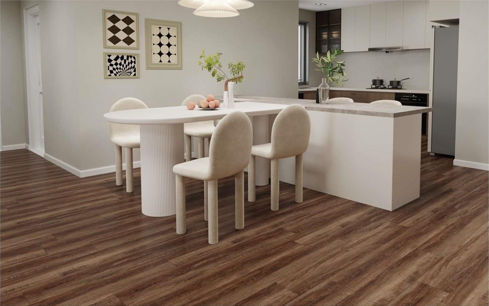 A modern open-plan kitchen and dining area with a white oval dining table, six cream-colored upholstered chairs, wood flooring, wall art, and a kitchen with white cabinets, a marble countertop, a window, and kitchen appliances.