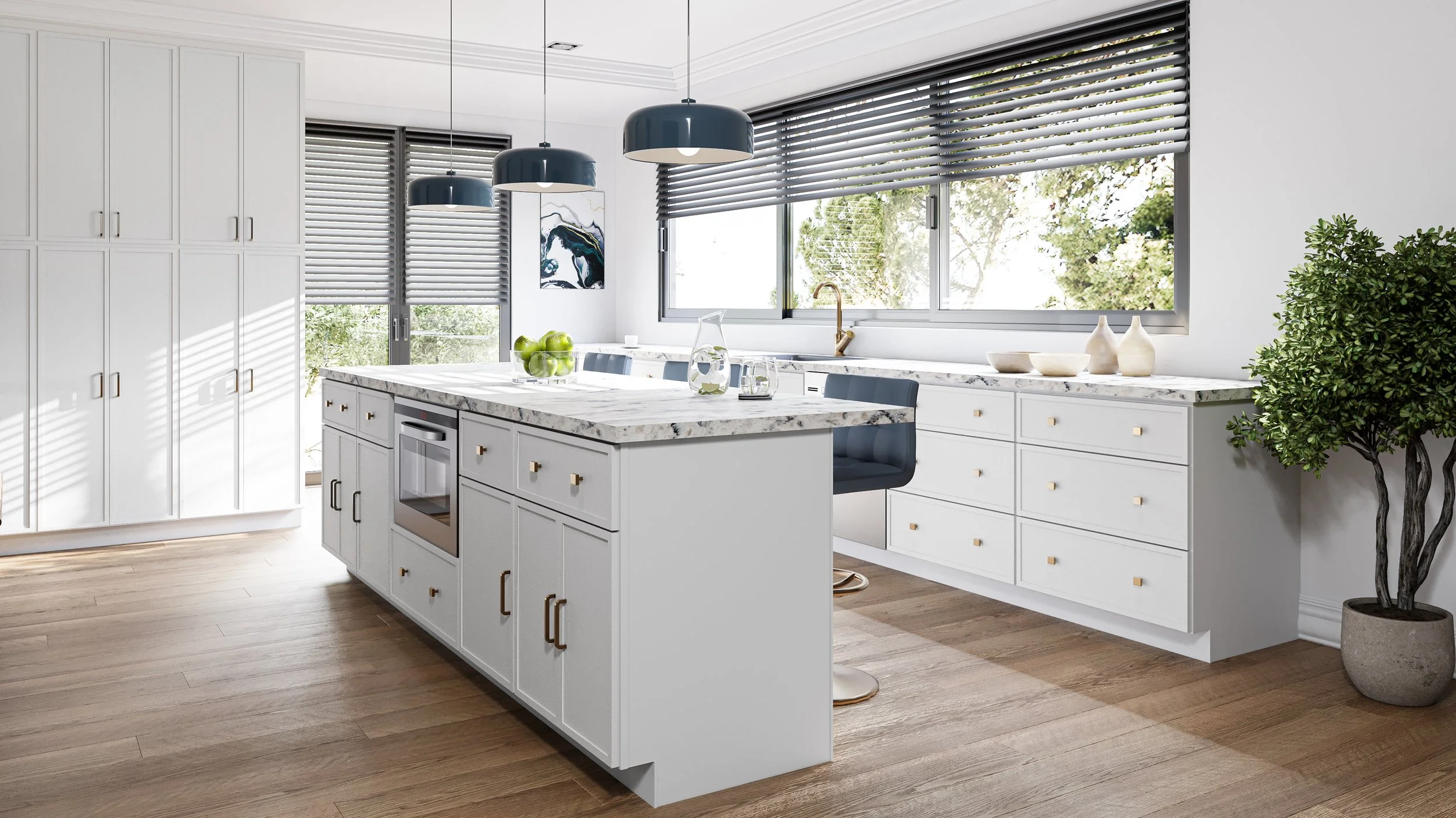 Modern white kitchen with marble countertops, large windows with gray blinds, a potted plant, and minimalist decor.