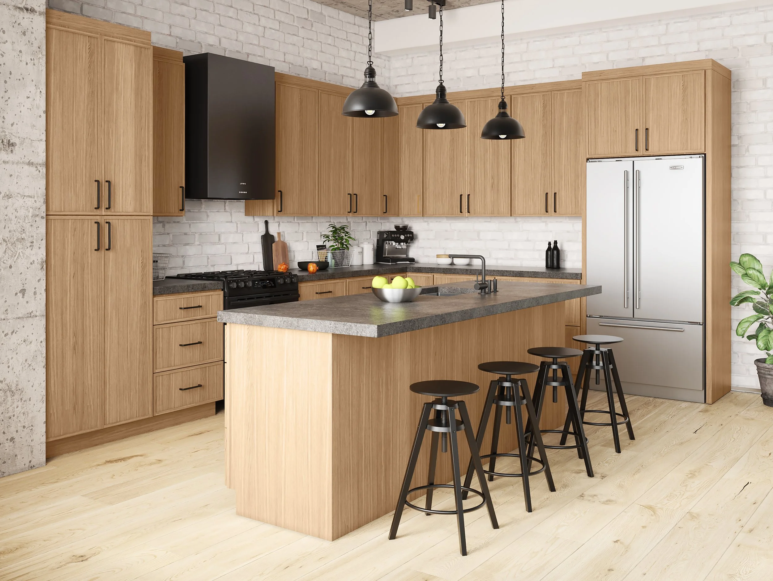 Modern kitchen with wooden cabinets, a black range hood, white brick wall, and a kitchen island with black bar stools and a bowl of green apples.
