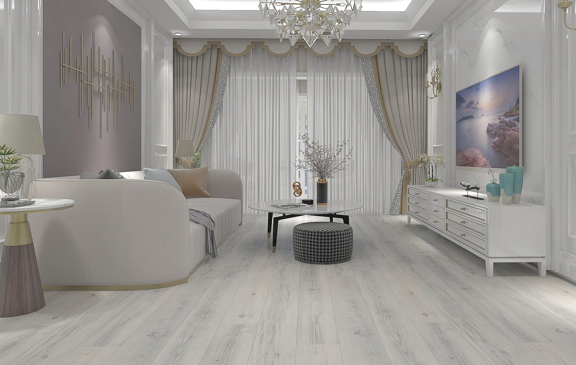 A bright living room with white walls and light wood flooring, decorated with elegant drapes, a chandelier, a white sofa, a round coffee table, and a sideboard with vases and a large flat-screen TV.
