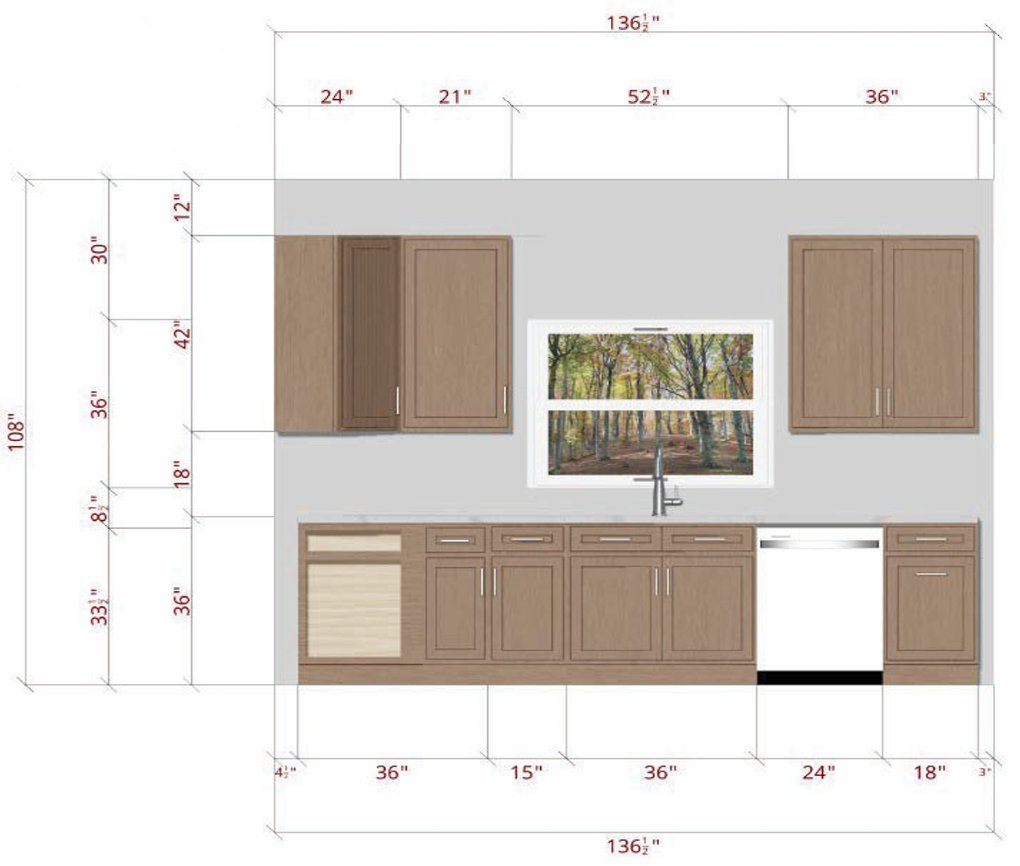 A kitchen cabinet and countertop layout with measurements and a window showing trees outside.