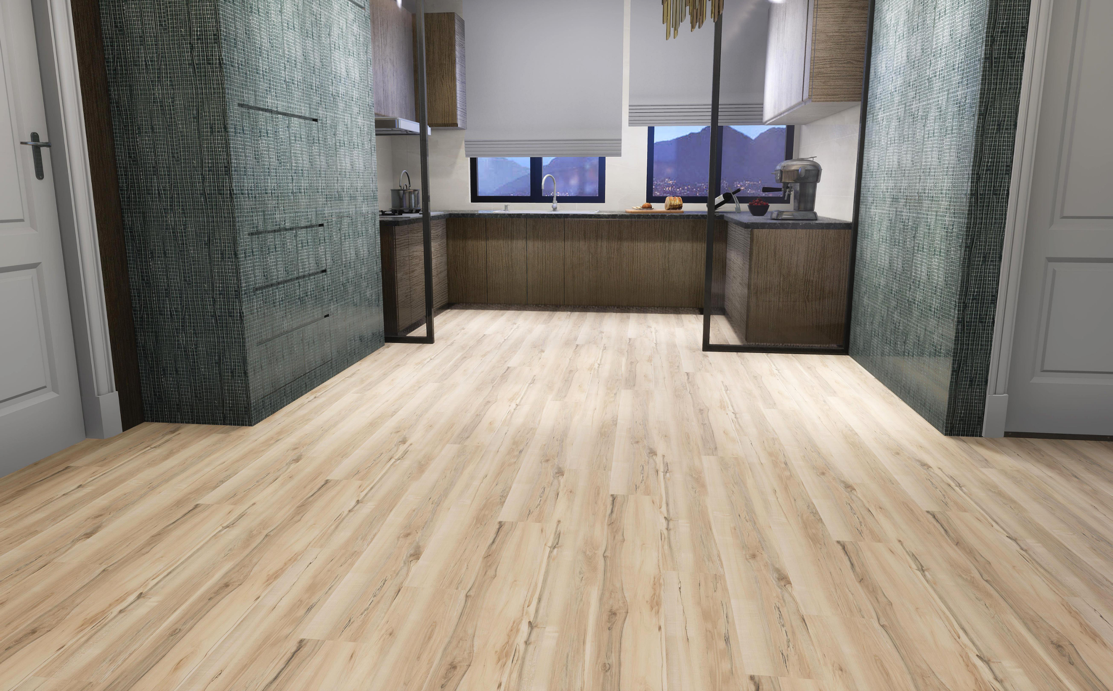 A modern kitchen with wooden cabinets, large window showing mountains, and a light wood floor.