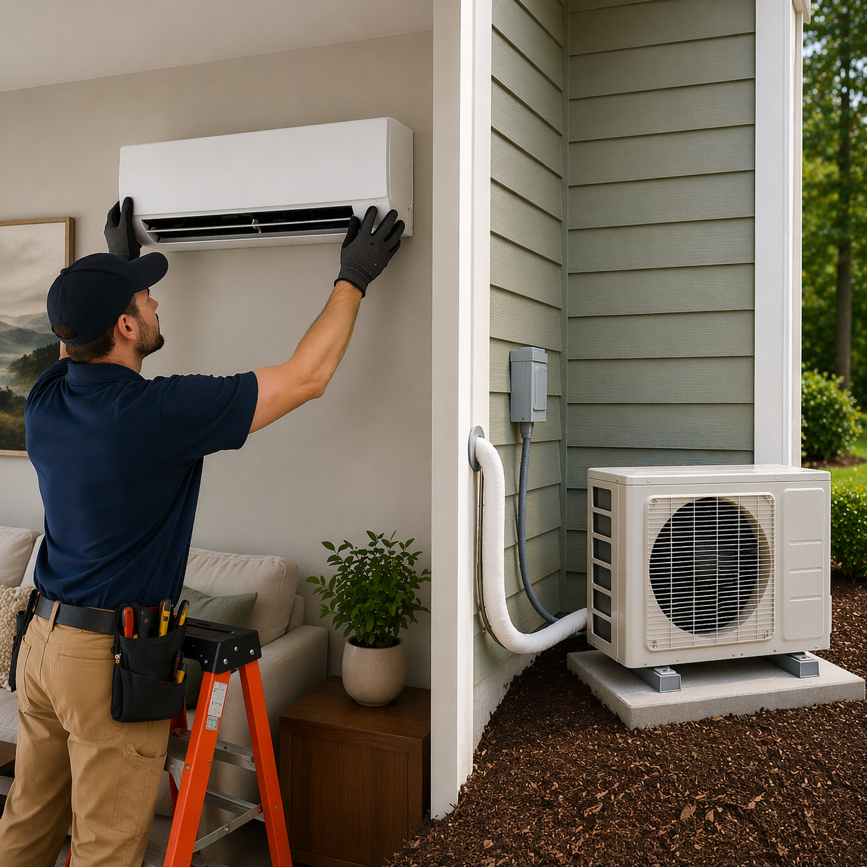 Technician installing outdoor air conditioning unit on a house exterior wall.