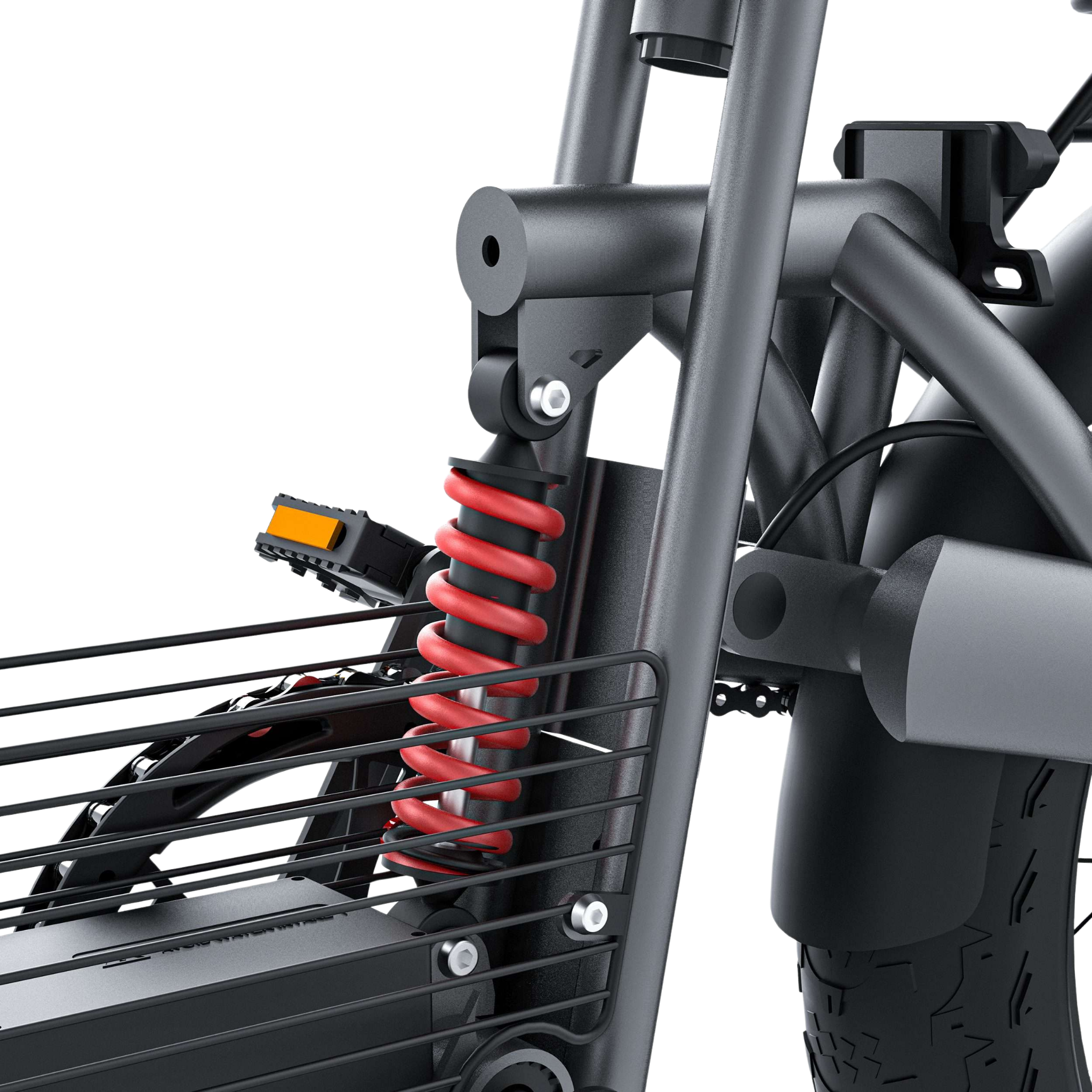 Close-up of an electric bike's front area, showing the suspension system with a red coil spring, front wheel, and part of the frame with black cables.
