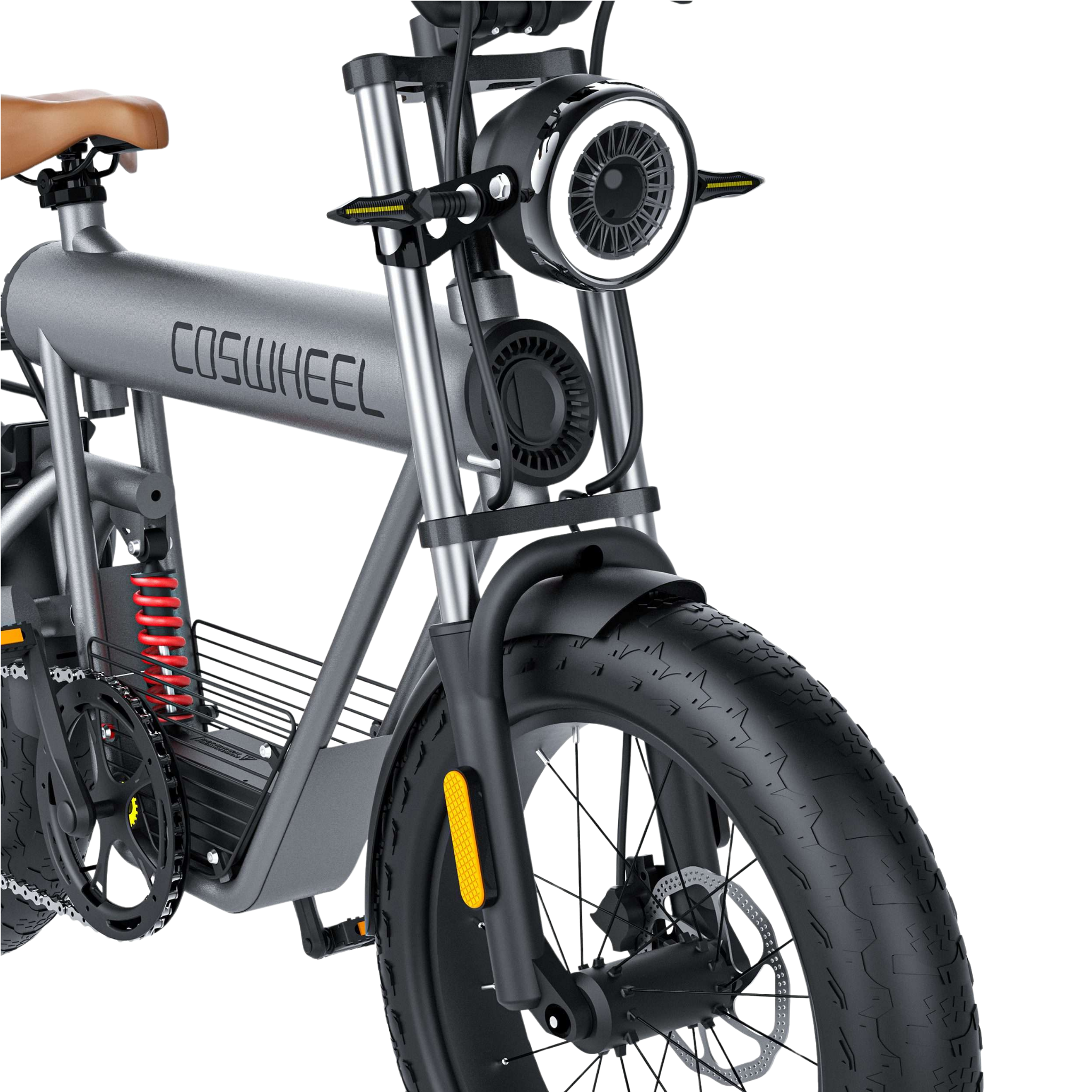 Close-up of a gray electric bicycle with the brand name COSWHEEL, front tire, part of the frame, and handlebars visible.