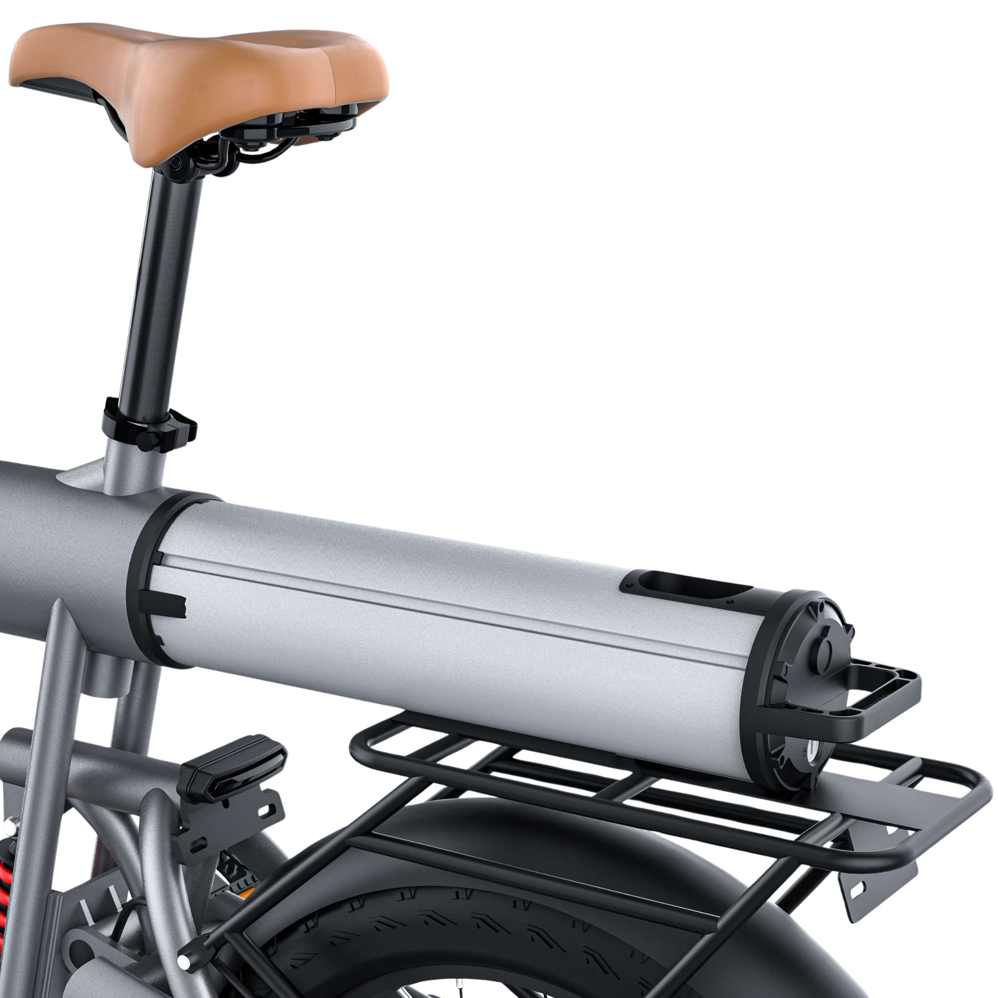 Rear view of an electric bicycle, showing the brown leather saddle, metallic frame, and a large cylindrical battery mounted on the rear rack.