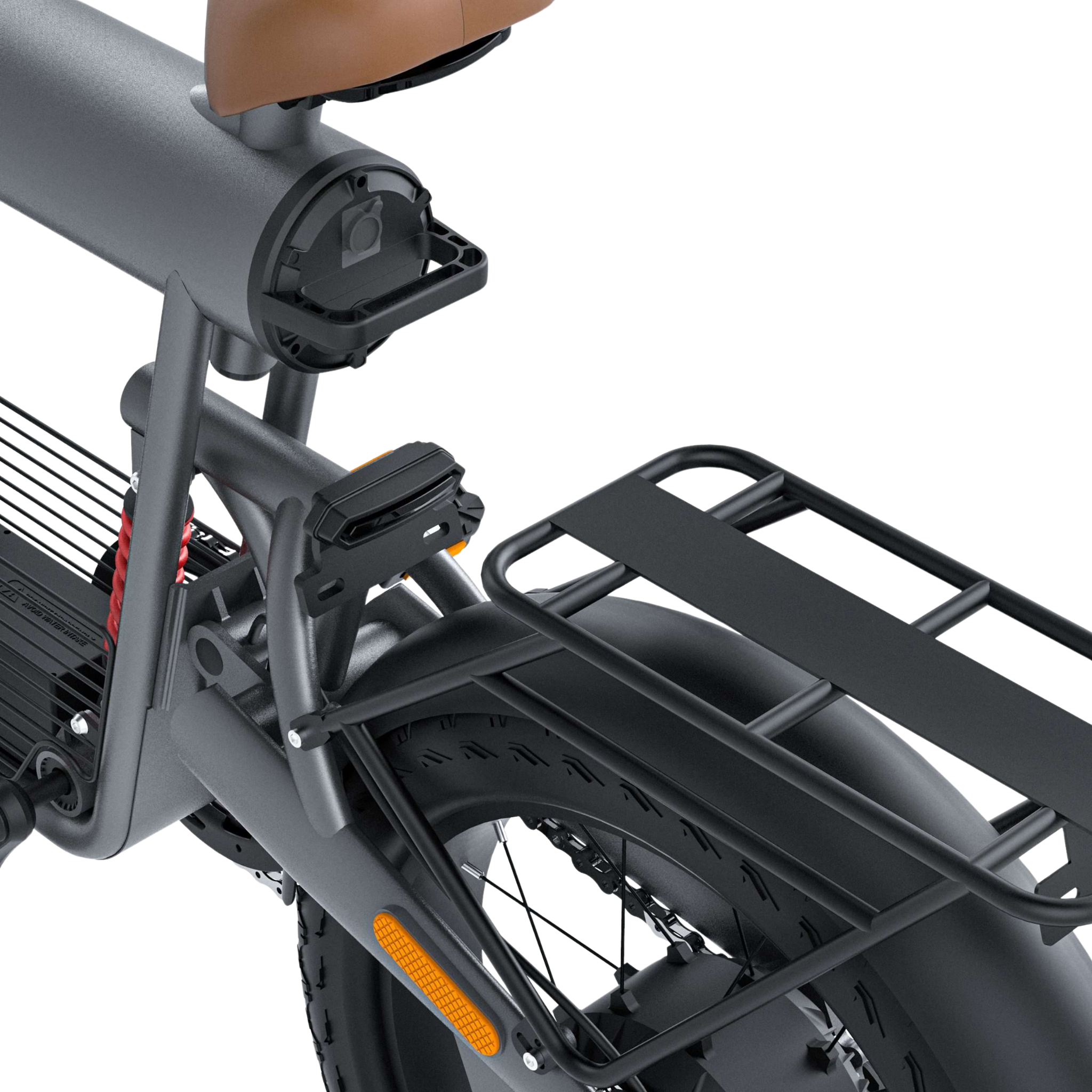 Close-up of a black electric bicycle rear rack and frame, showing the tire, rear light, and a partially disassembled battery compartment.