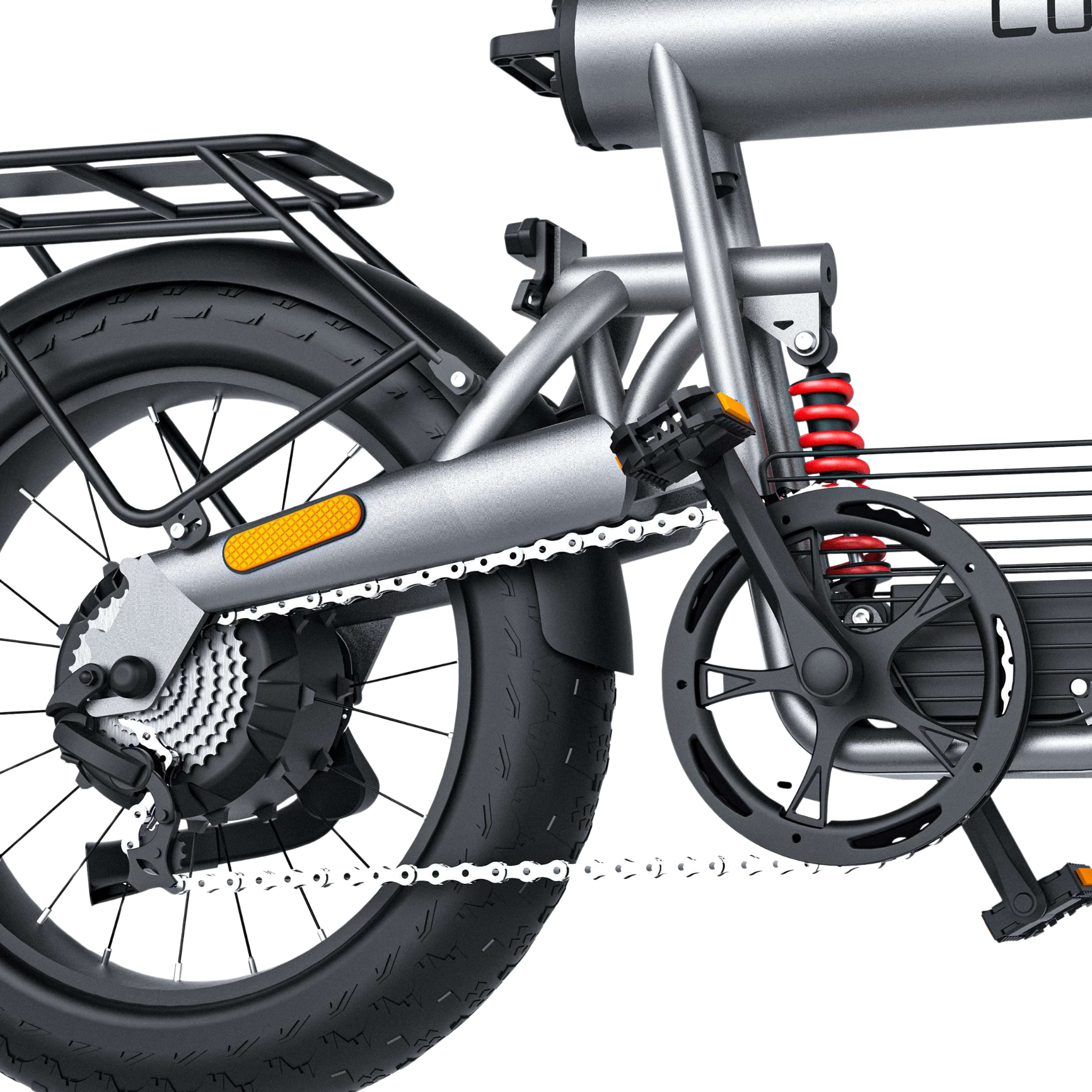 Close-up of an electric bicycle with a large rear tire, chain, rear suspension, and pedal system.