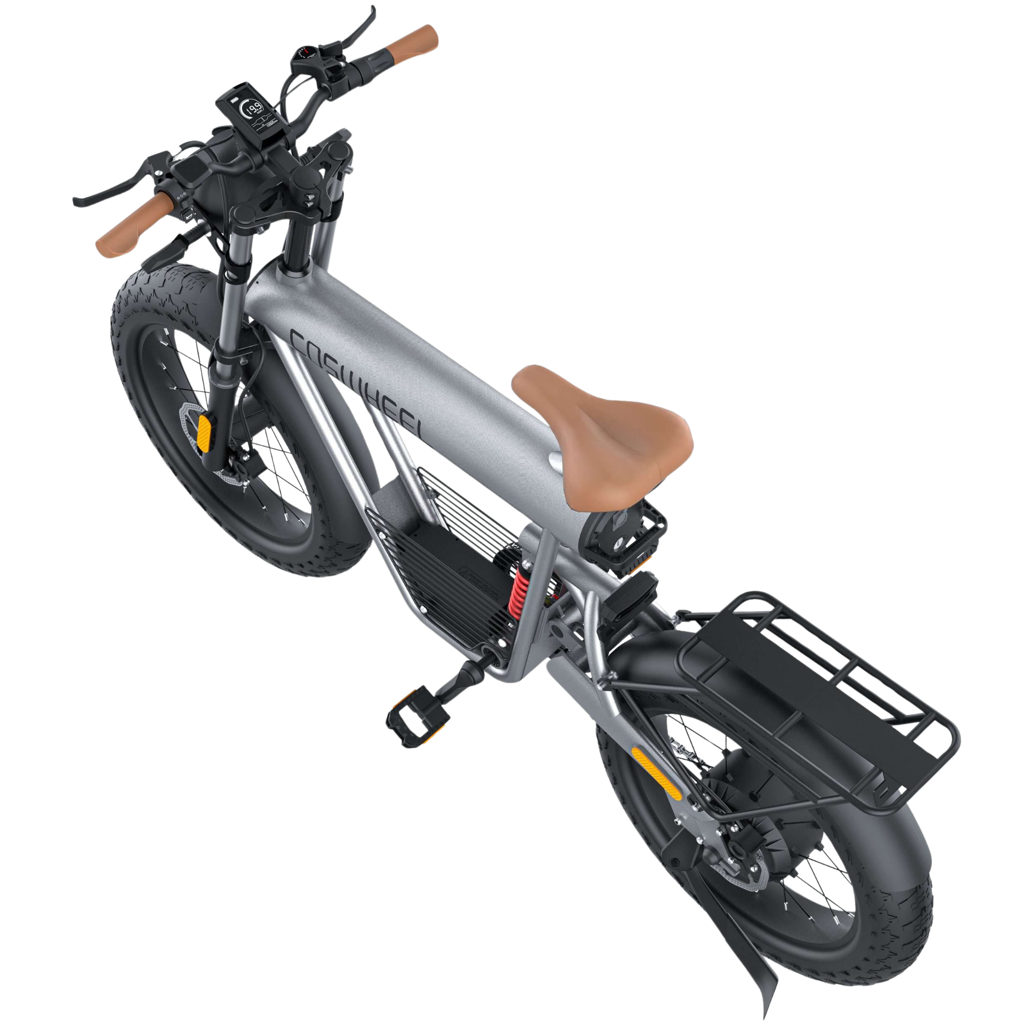 Silver and black electric mountain bike with brown saddle, front and rear racks, digital display on handlebar, and large tires.