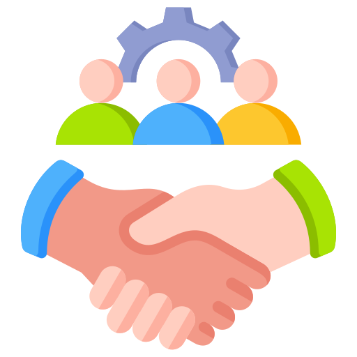 Illustration of two hands shaking in front of three people with a gear above them.