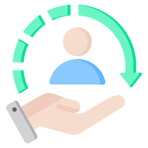 Hand holding a small person with an arrow drawn from palm to fingers.
