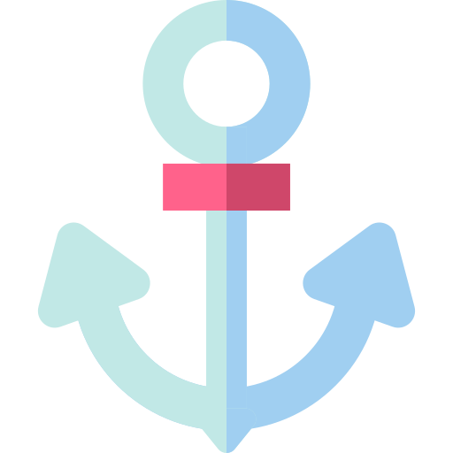Simple illustration of an anchor with a red band around the top and two flukes at the bottom.