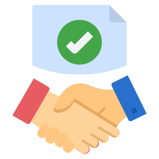 Depiction of a handshake with a document displaying a green checkmark in the background.