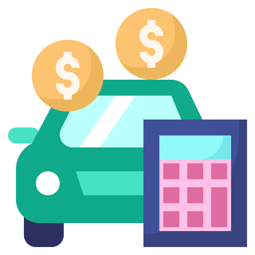 A teal car with dollar signs on coins above it and a pink calculator in front of it.