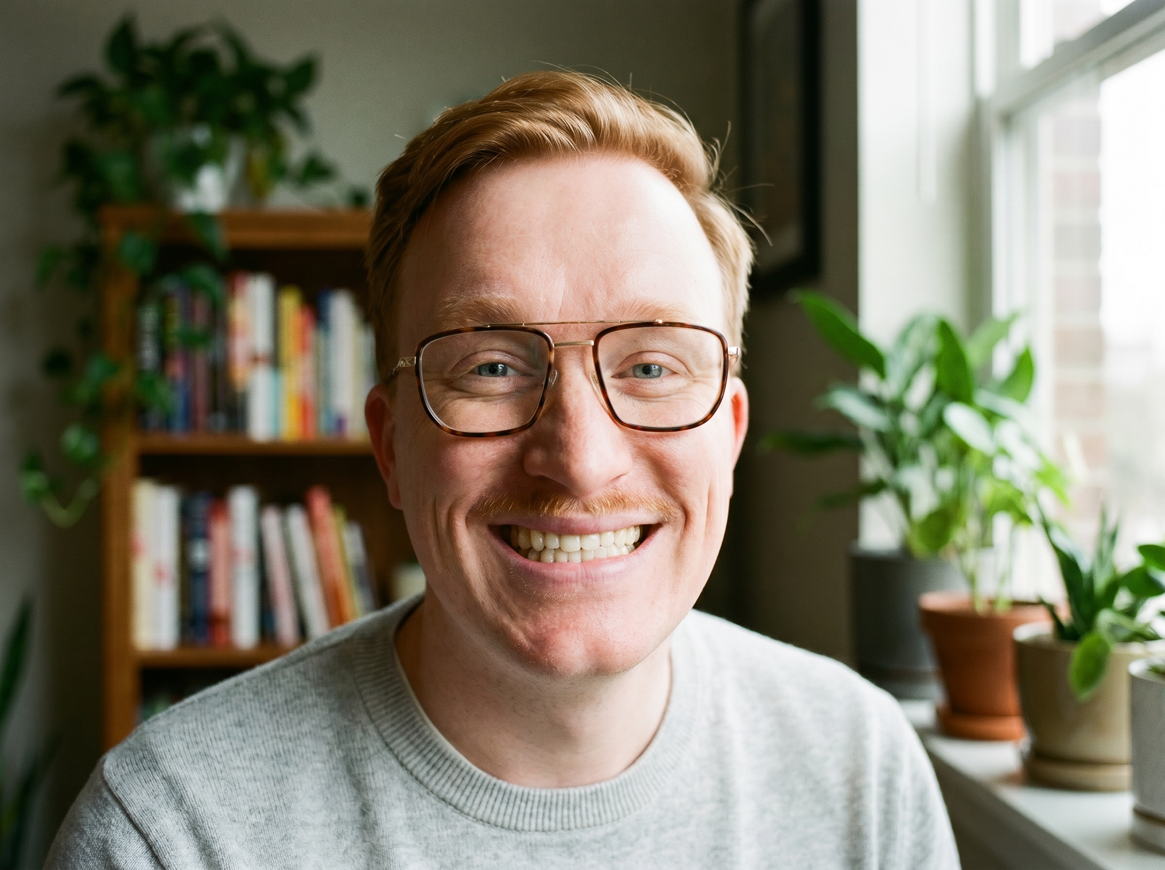 Smiling red-haired man wearing glasses, indoors with bookshelves and green plants in the background.