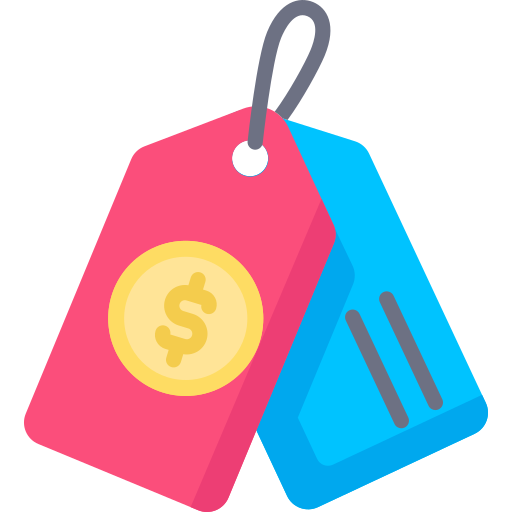 Two shopping tags, one pink with a dollar sign, and one blue, attached to a string.