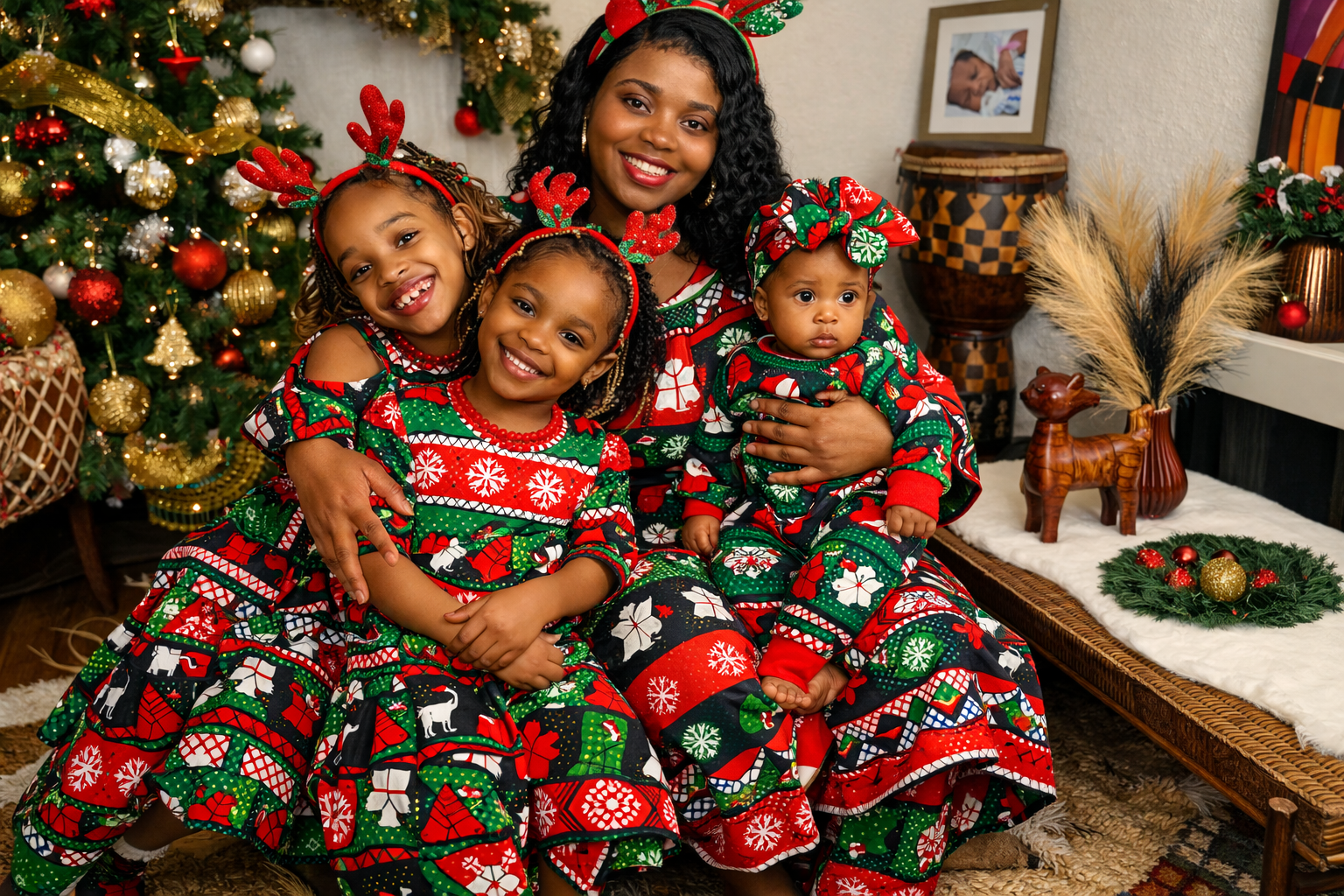Eine lächelnde Familie mit vier Mitgliedern in festlicher Weihnachtskleidung, sitzend vor einem geschmückten Weihnachtsbaum mit goldenen und roten Ornamenten. Das Mädchen auf der linken Seite trägt einen grünen und roten Weihnachtspullover mit Rentieren und Schneeflocken, die Frau in der Mitte trägt ein festliches Kleid, das Kind auf der linken Seite trägt ein Kleid mit Weihnachtsmotiven, das Baby hält die Mutter im Arm, alles in einem festlich dekorierten Raum.