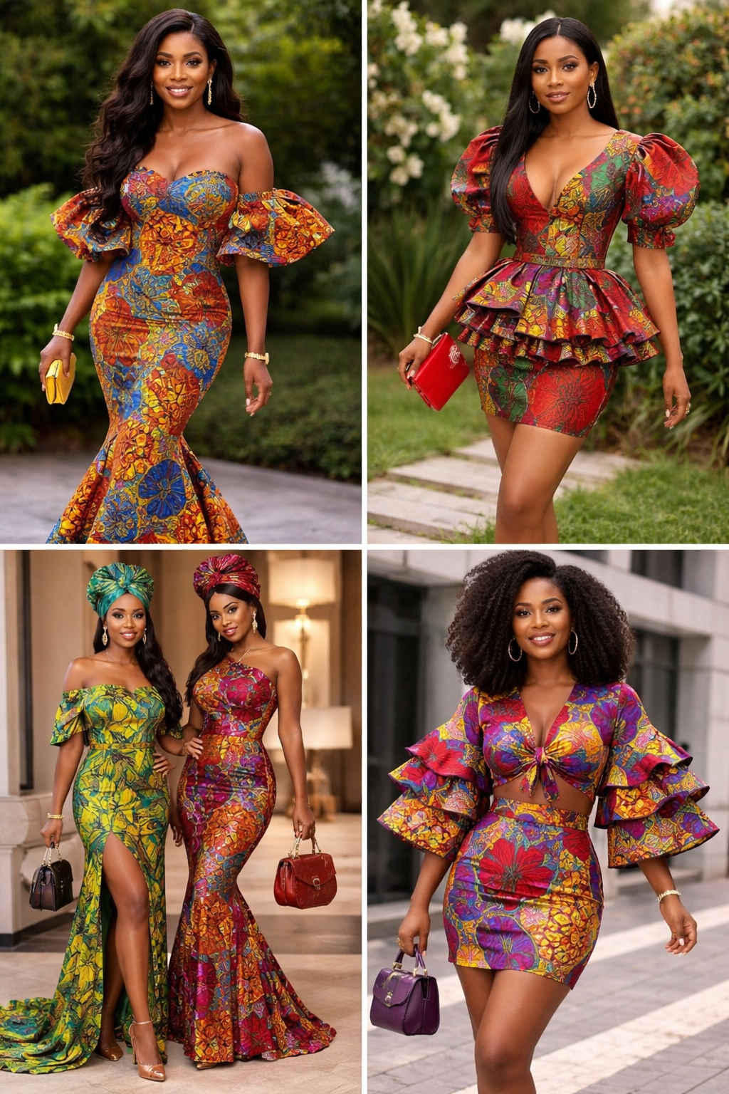 Vier Frauen in bunten, stoffmustergeschmückten, afrikanischen Kleidern mit verschiedenen Schnitten und Accessoires, die in unterschiedlichen Umgebungen posieren.