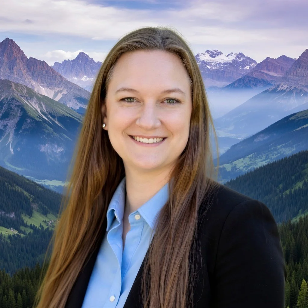 A smiling woman with long brown hair, wearing a blue collared shirt and black blazer, standing in front of a mountain landscape with peaks, forests, and a cloudy sky.