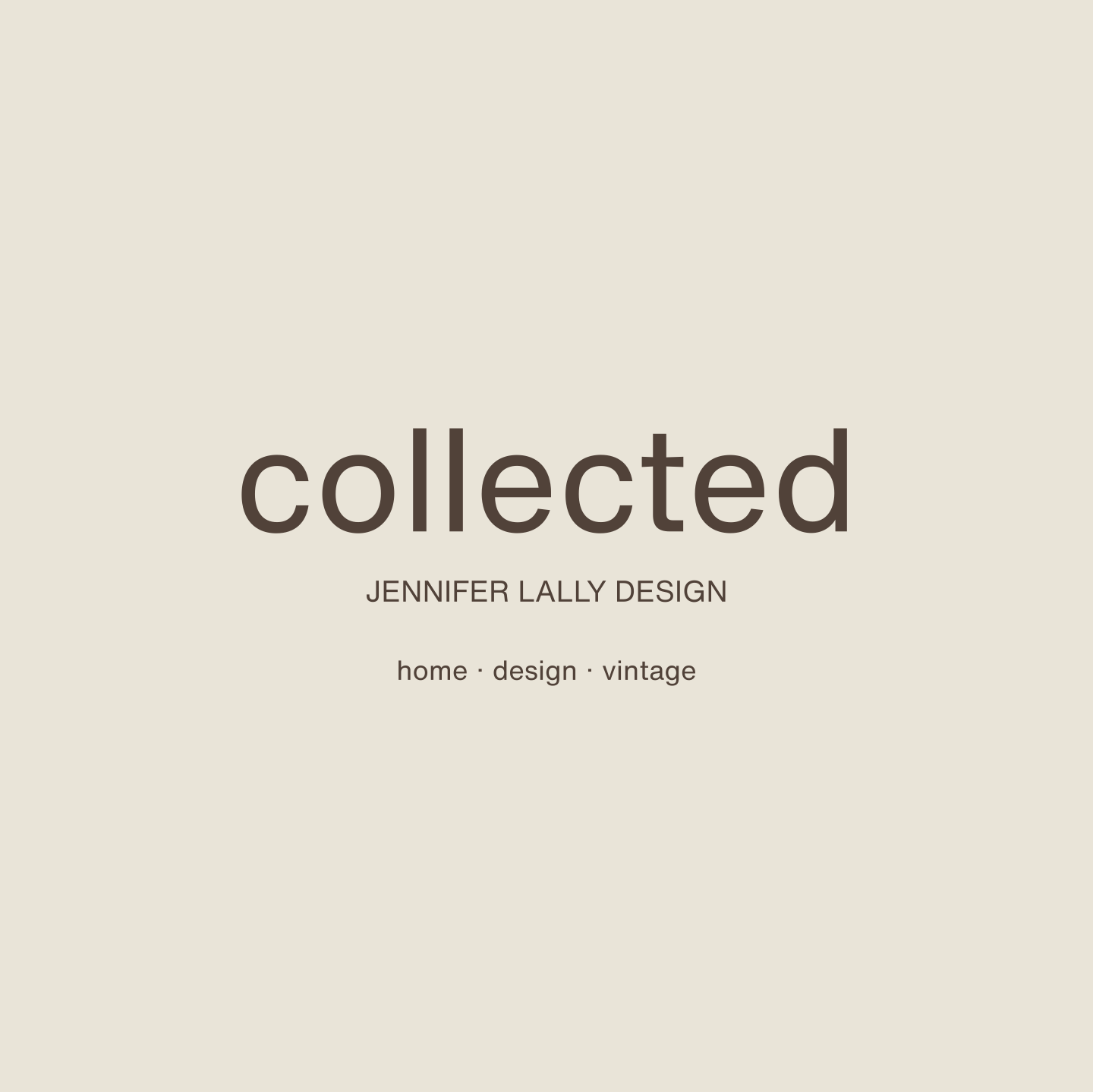 Cover of a book titled 'Collected' by Jennifer Lally Design, with a beige background and brown text indicating themes of home, design, and vintage.