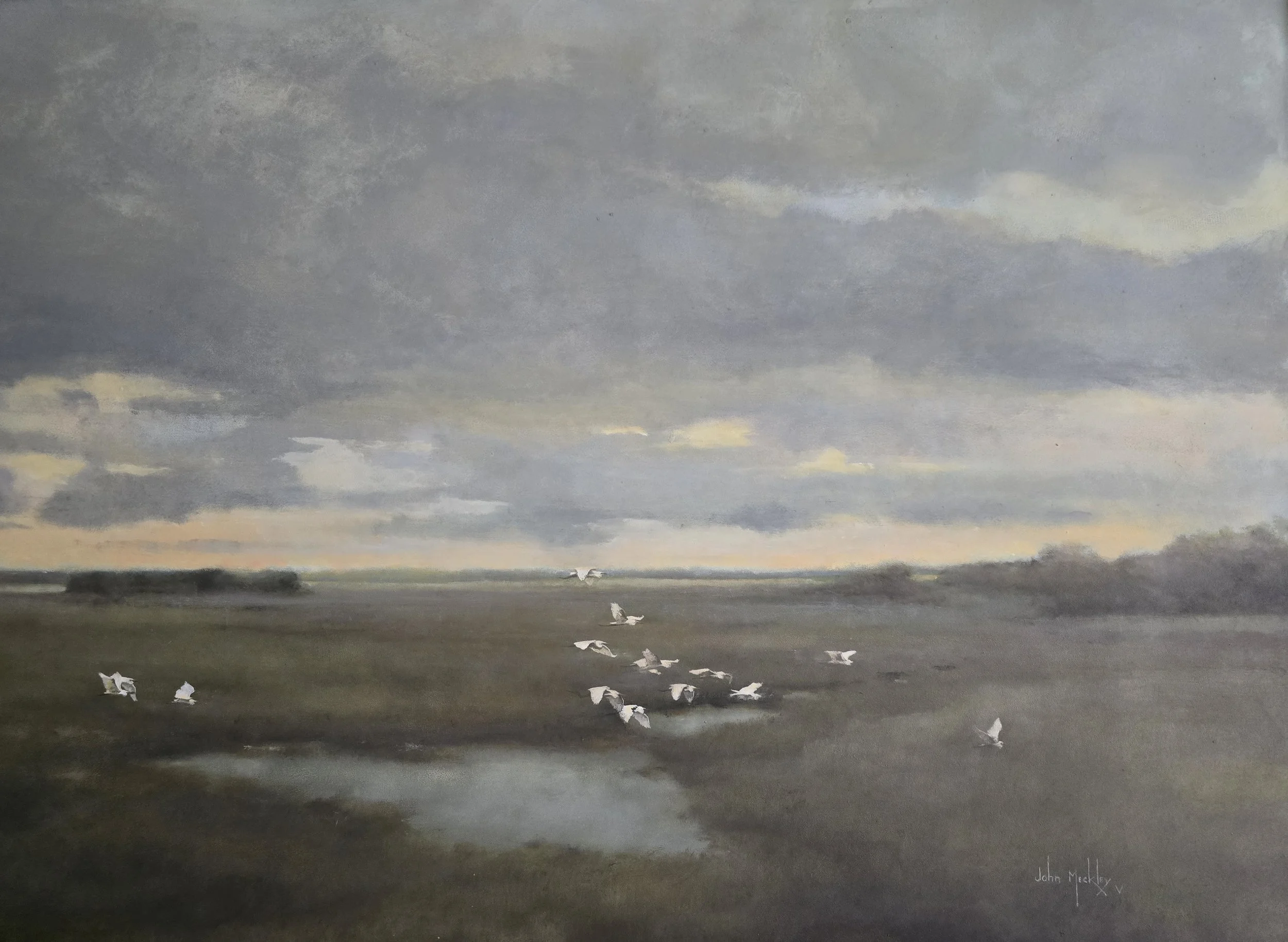 A landscape painting of a cloudy sky with a hint of sunlight on the horizon, a flat grassy field, and white birds flying near a small water body.
