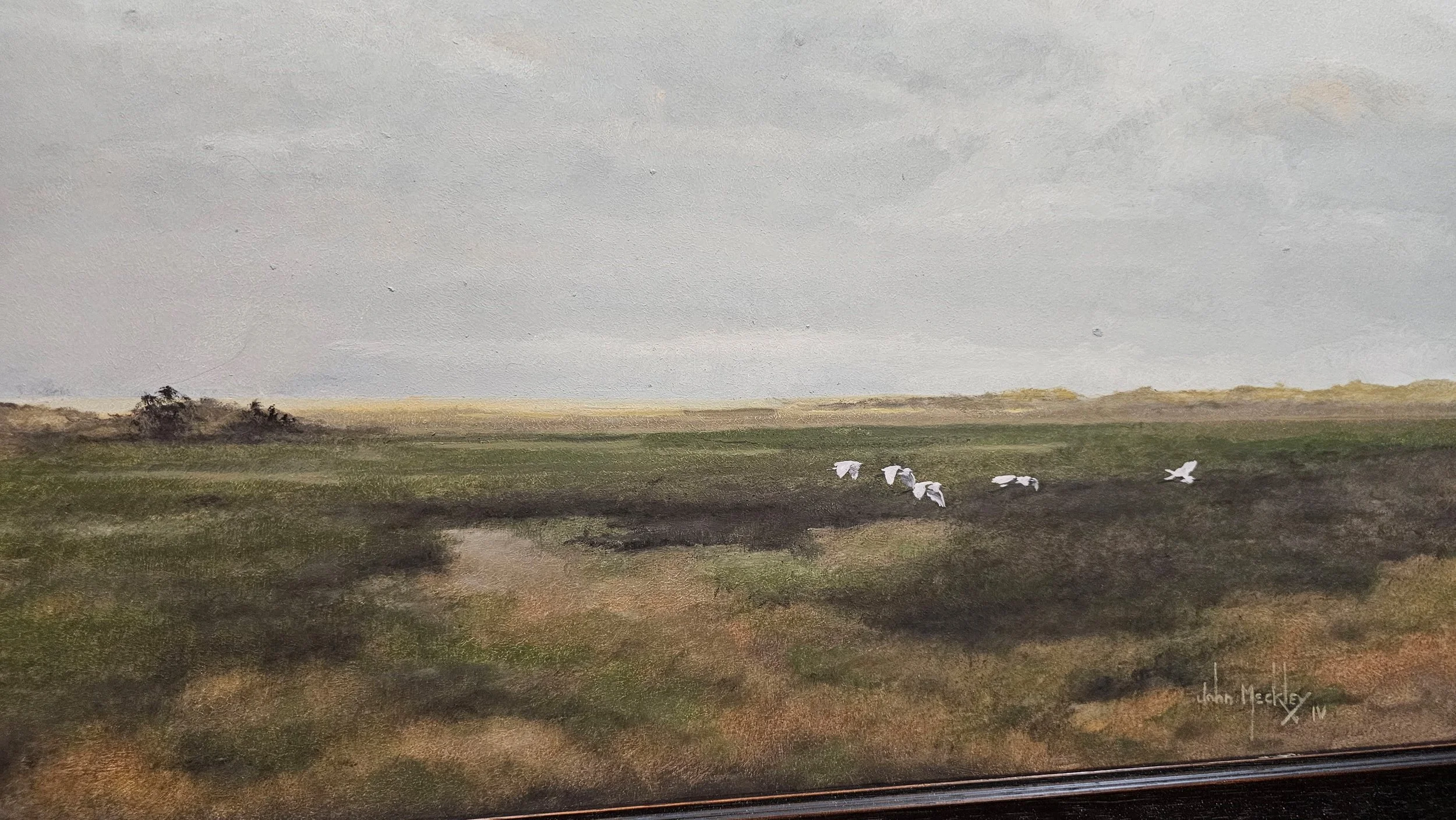 Painting of a flat landscape with green fields, a few trees in the distance under a cloudy sky, and six white birds flying low over the grass.