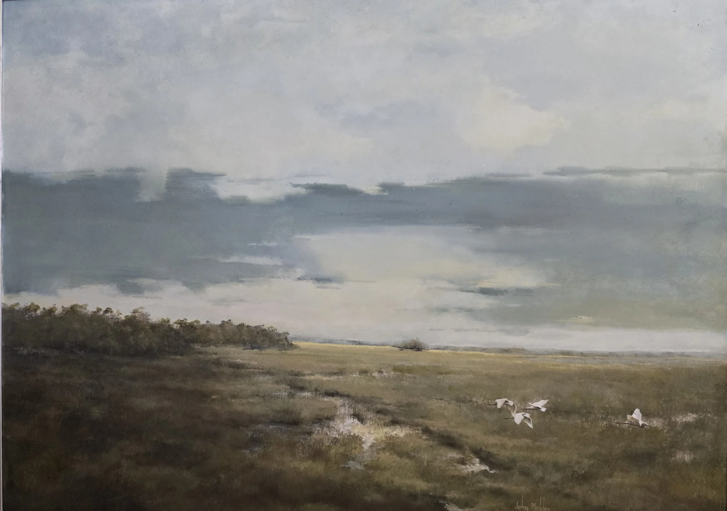 A landscape painting depicts a cloudy sky over a grassy field with birds flying low near the ground. In the background, there are distant trees.